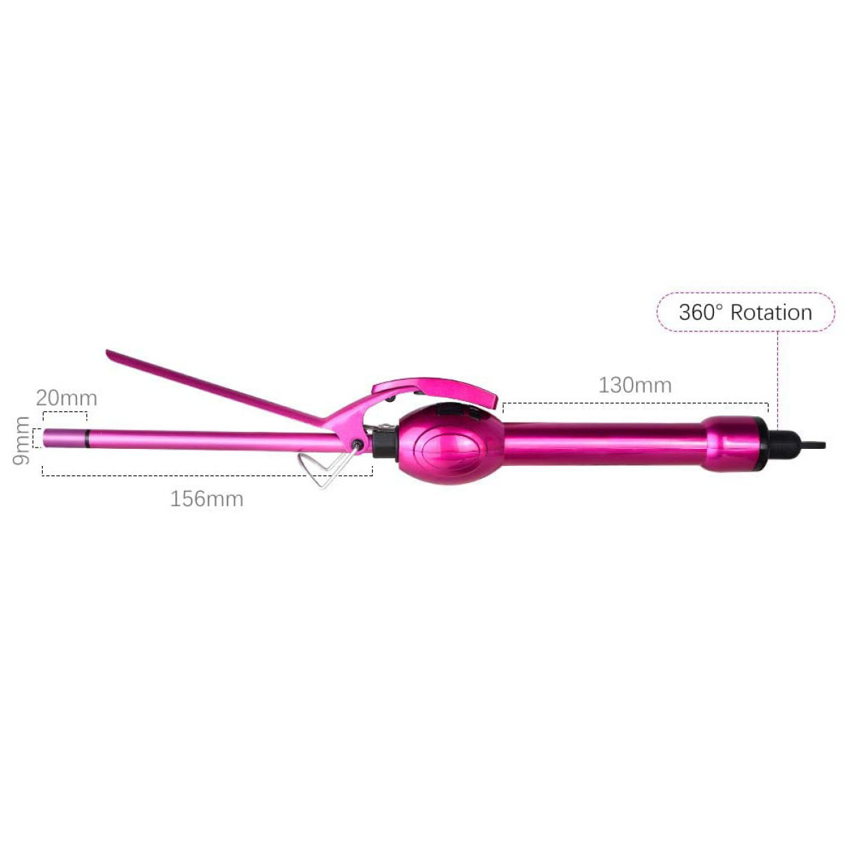 Pinker Lockenstab mit 360-Grad-Drehung und Abmessungen.