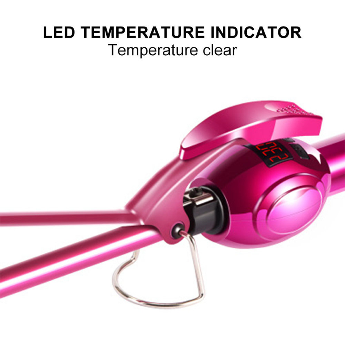 Ein rosa Lockenstab mit digitaler Temperaturanzeige. Es zeigt 232. Der Text oben lautet: LED-TEMPERATURANZEIGE.