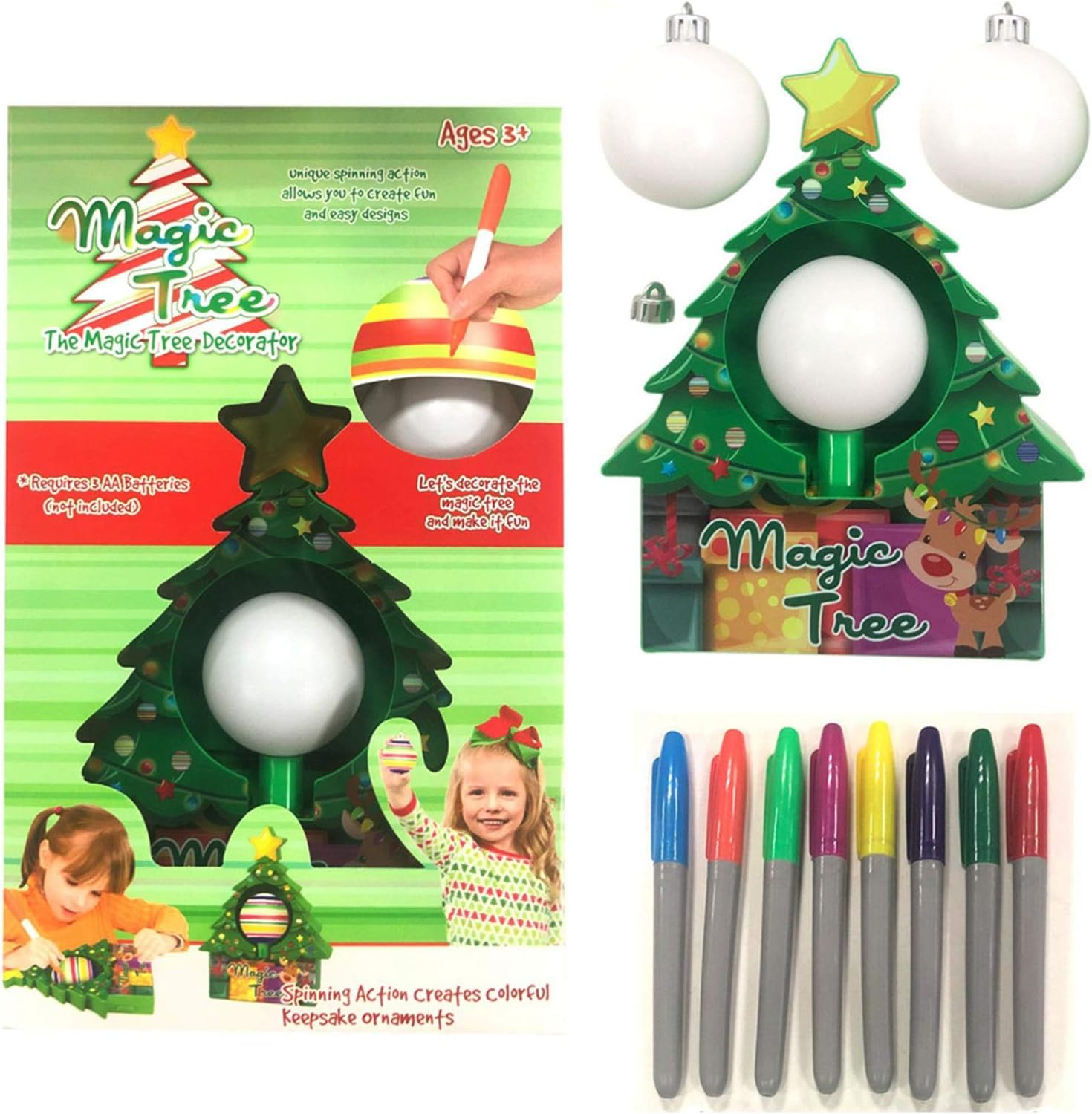 Ein Weihnachtsbaum-Dekorations-Set, einschließlich einer baumförmigen Basis, Markern und Ornamenten.