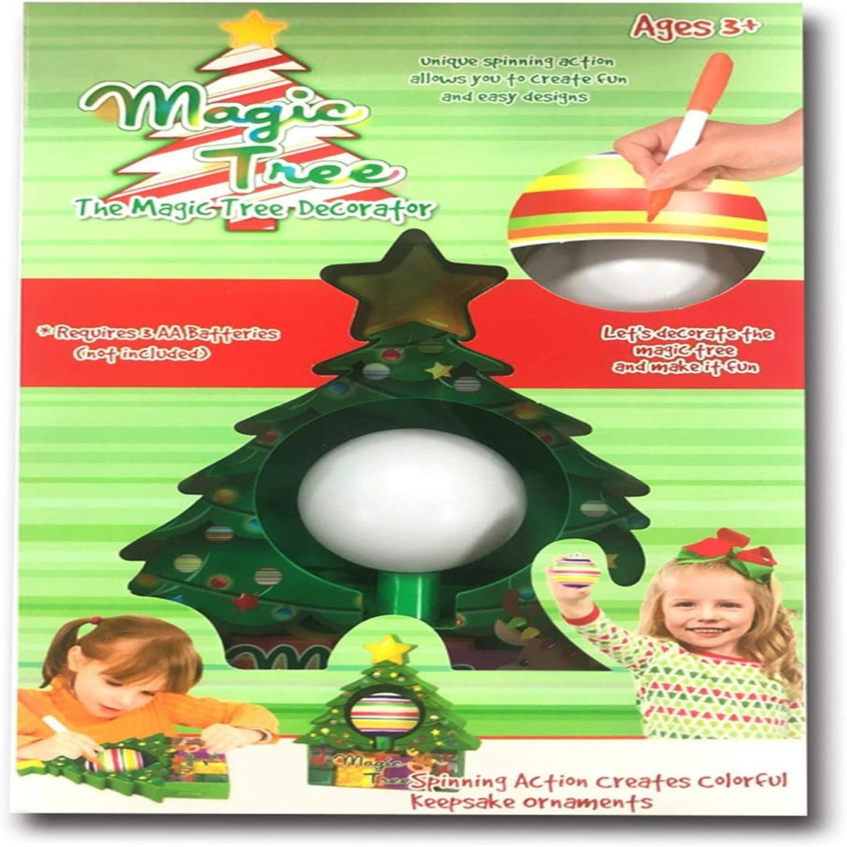 Ein Spielzeug-Set für Kinder mit einem Weihnachtsbaum und einem Mädchen, das ihn schmückt.