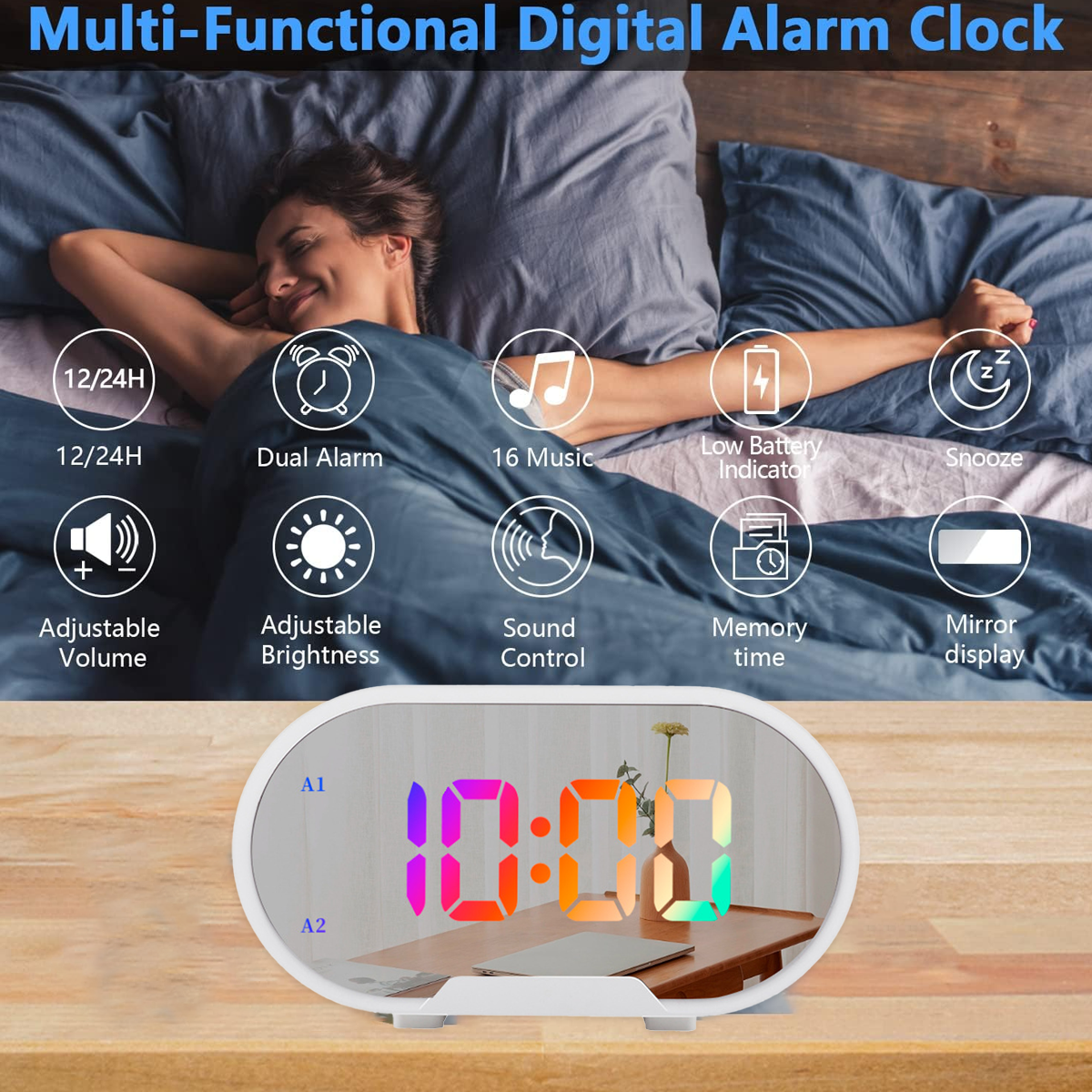 Frau im Bett mit digitalem Wecker, der Zeit und Symbole für Funktionen anzeigt.