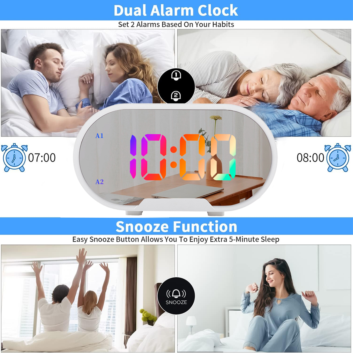 Dualer Wecker mit zwei Paaren im Bett. Uhr zeigt Zeit und Schlummerfunktion mit Taste.