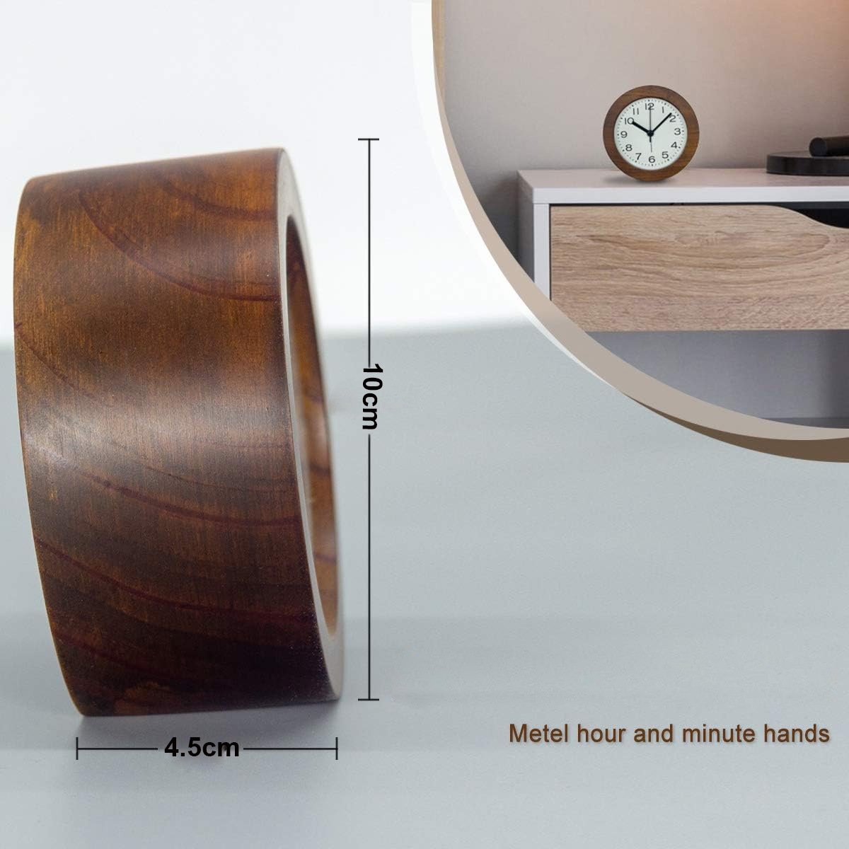 Holzringförmiges Objekt mit beschrifteten Maßen und dem Text 'Metel hour and minute hands'.