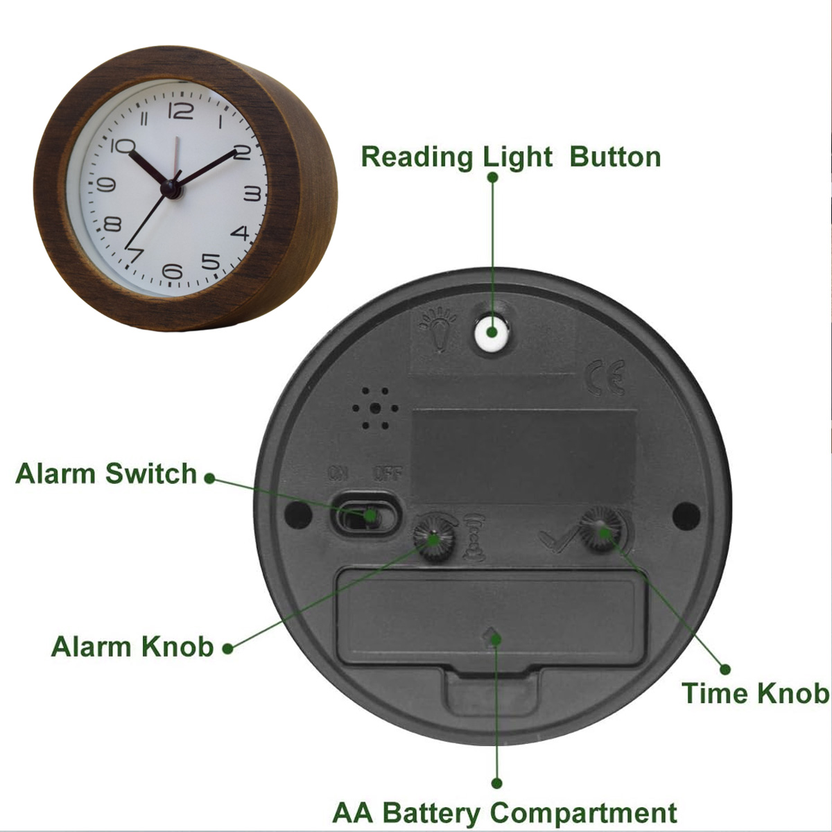 Wecker aus Holz mit detaillierter Rückansicht: Weckschalter, Knopf, Zeitknopf und Batteriefach.