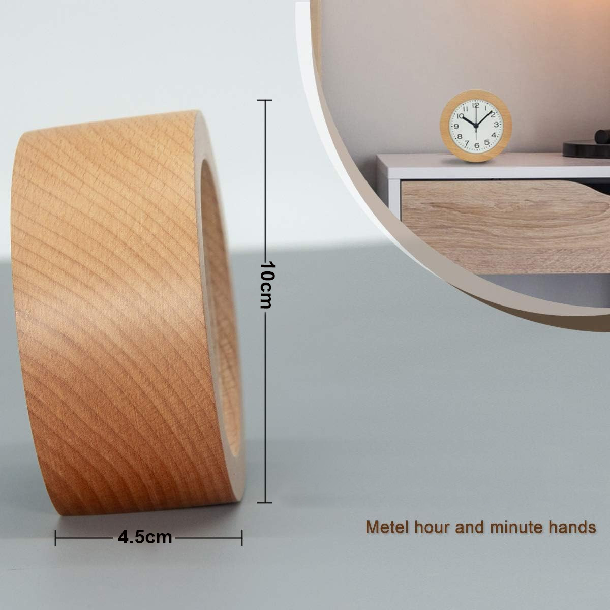 Ein Holzringrahmen mit Abmessungen und eine kleine Uhr auf einem weißen Nachttisch, mit Details.