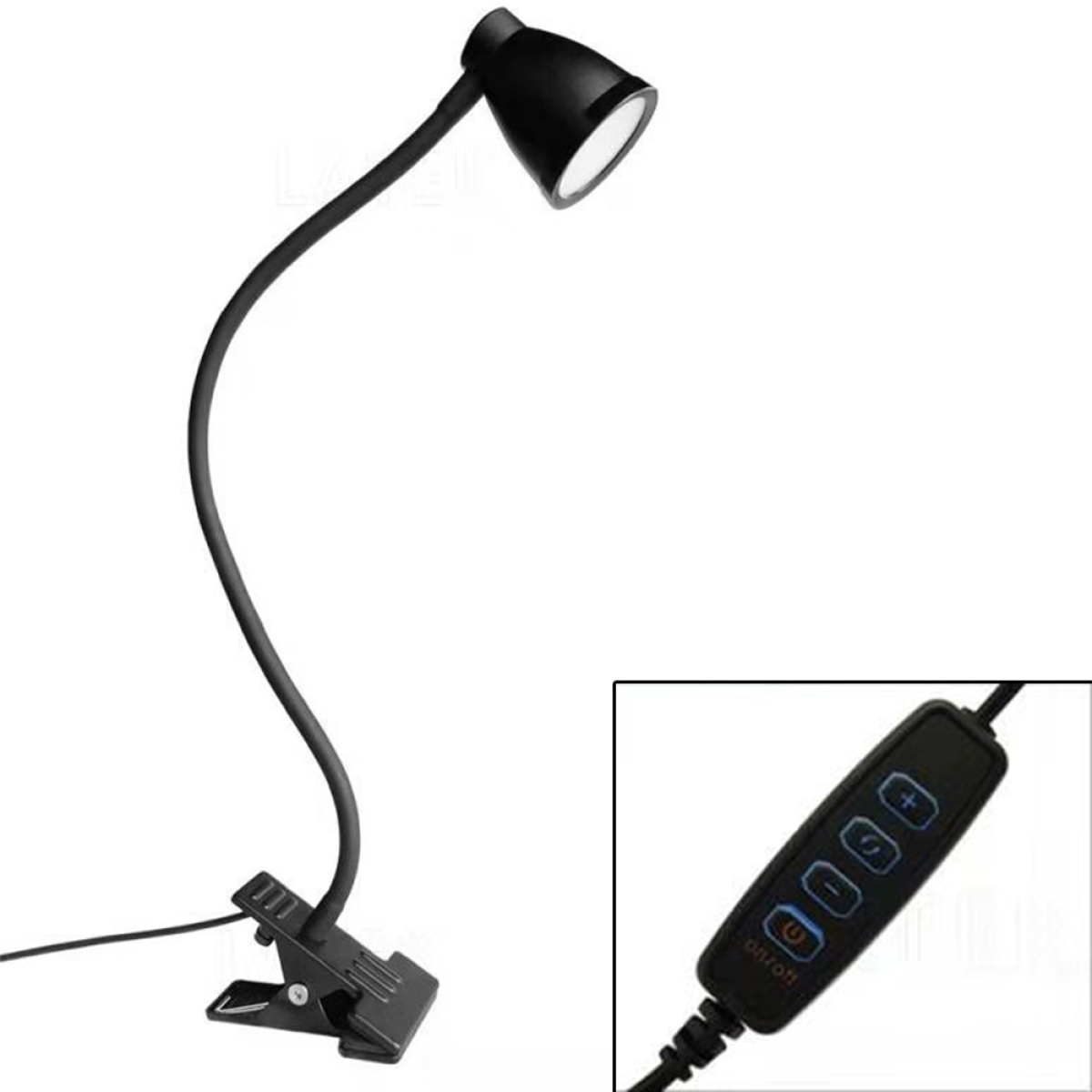 Schwarze Schreibtischlampe mit Klemme und Bedienelementen. Flexibler Hals, weißer Hintergrund, Detailansicht.