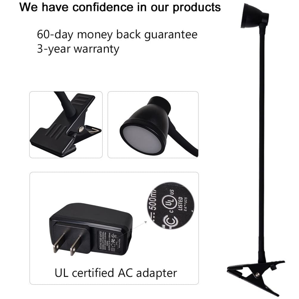 Eine schwarze Lampe mit Clip und Sockel sowie Details zur Produktgarantie.