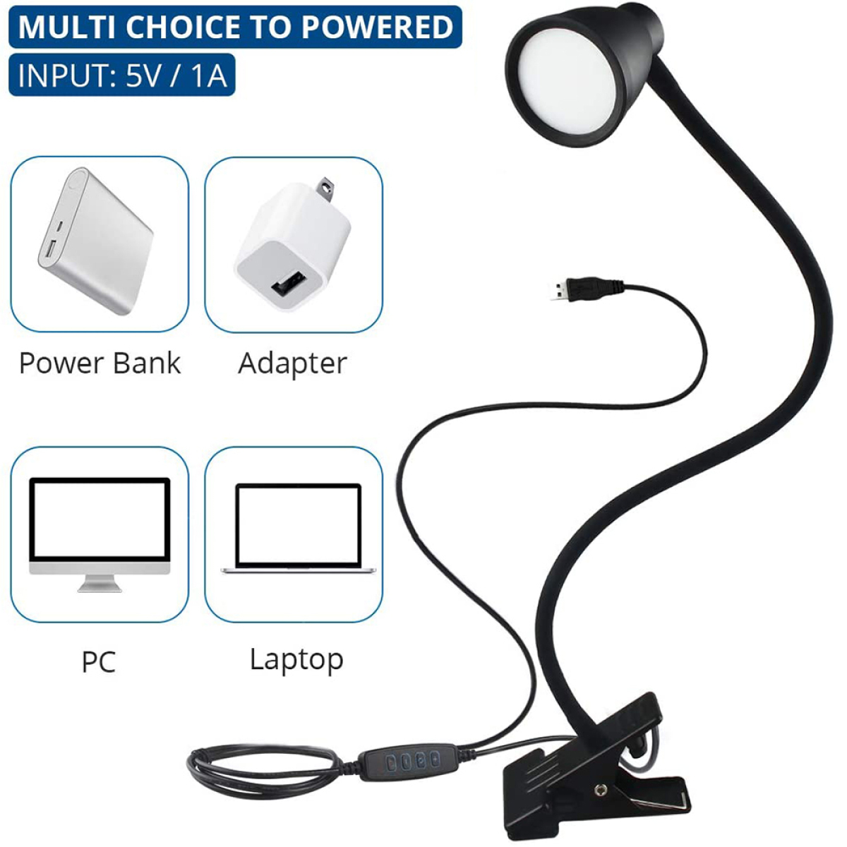 Schwarze Lampe mit Stromoptionen: Powerbank, Adapter, PC und Laptop.