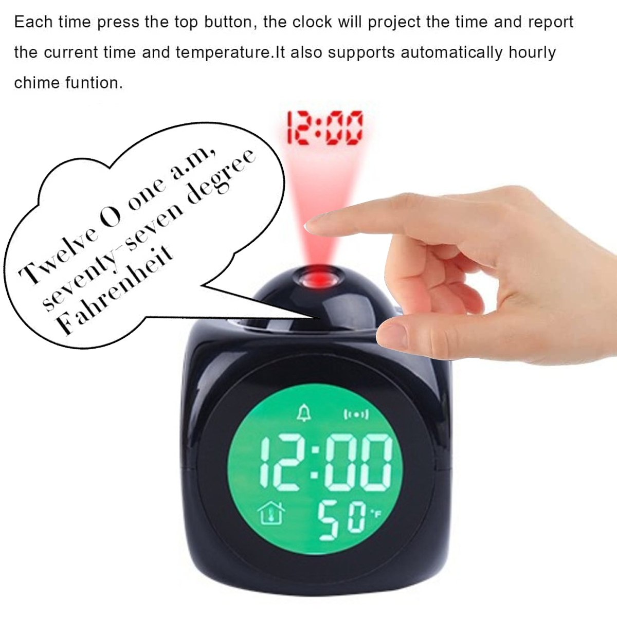 Schwarze Uhr, die Zeit projiziert. Eine Hand zeigt auf die rote Projektion. Sprechblase sagt '12:00 Uhr ein Uhr morgens, siebenundsiebzig...'