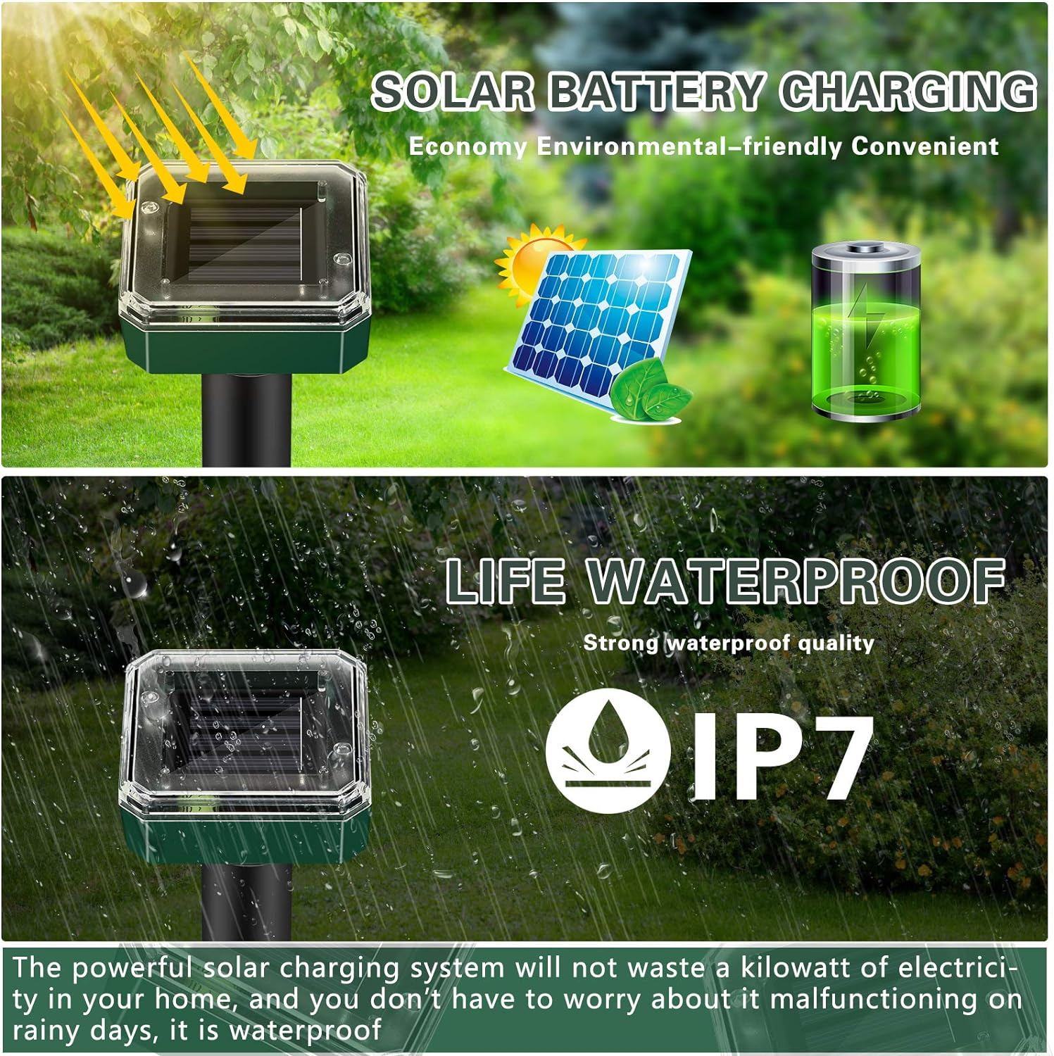 Solarbetriebenes Gerät mit Batterie- und Solarpanel-Symbolen, Text über Wasserdichtigkeit.