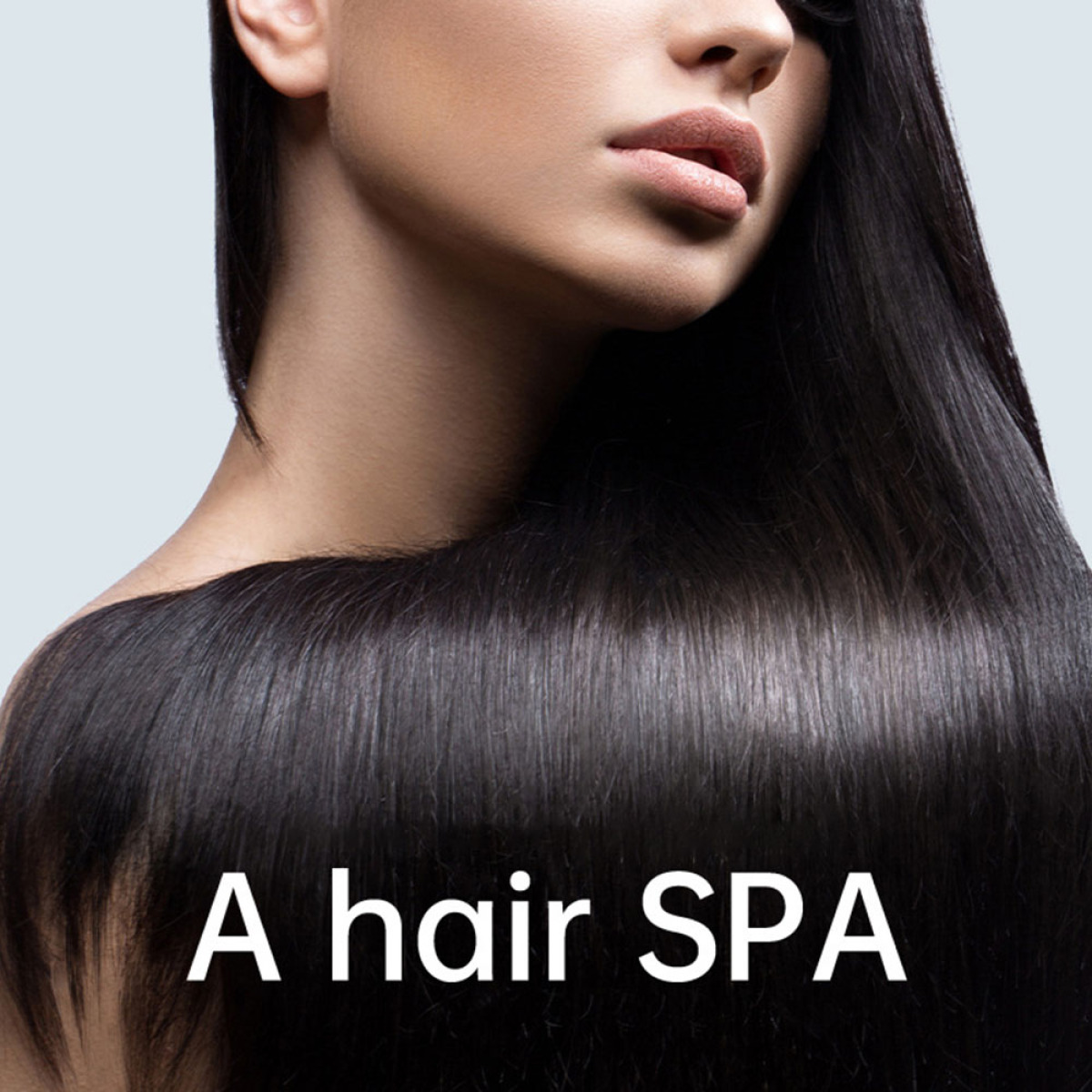 Gesicht einer Frau mit langen, glänzenden schwarzen Haaren. Text 'A hair SPA' darunter.