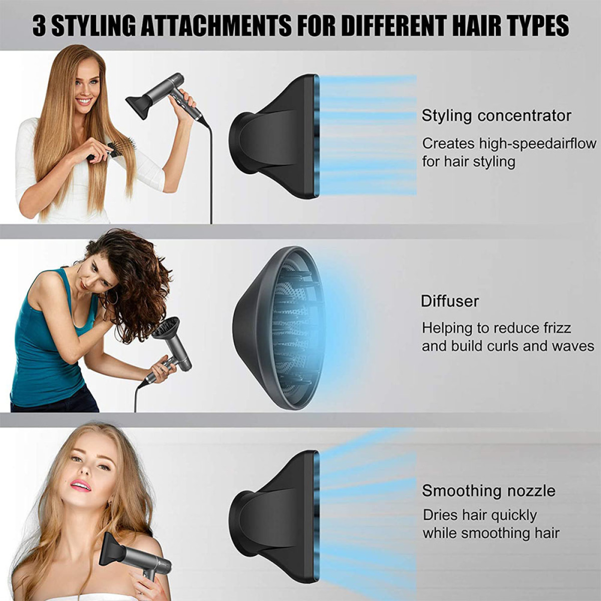 Drei Frauen demonstrieren Styling-Aufsätze für einen Haartrockner, darunter Konzentrator, Diffusor und Glättungsdüse.