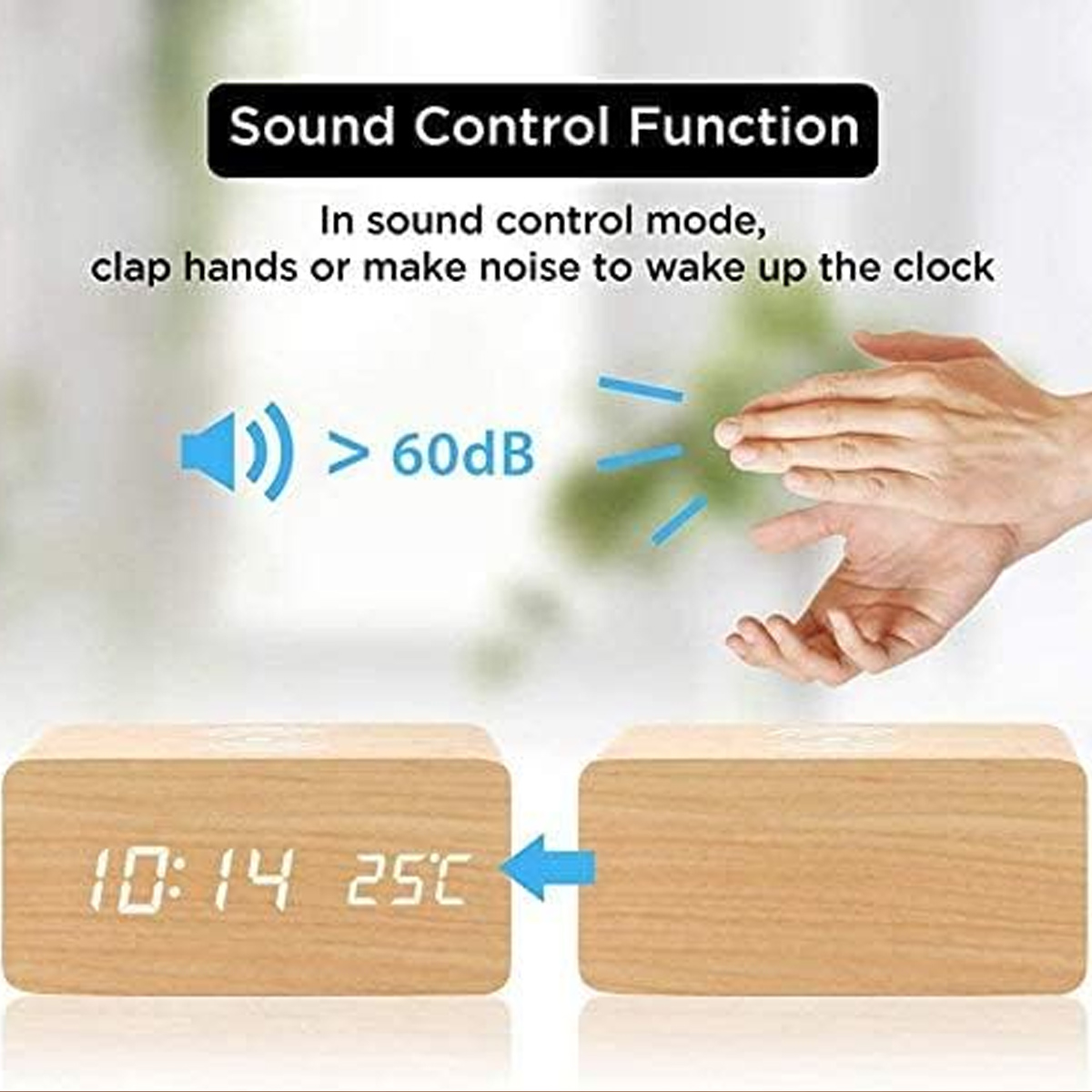 Wecker aus Holz zeigt Zeit und Temperatur an.