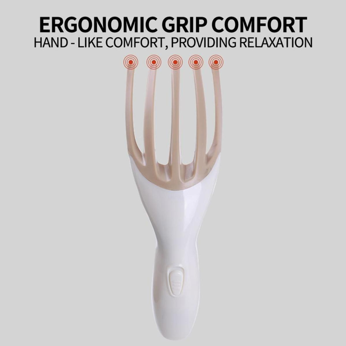 Kopfmassagegerät, weiß und beige, mit roten Punkten. Text: Ergonomischer Griffkomfort, der Entspannung bietet.