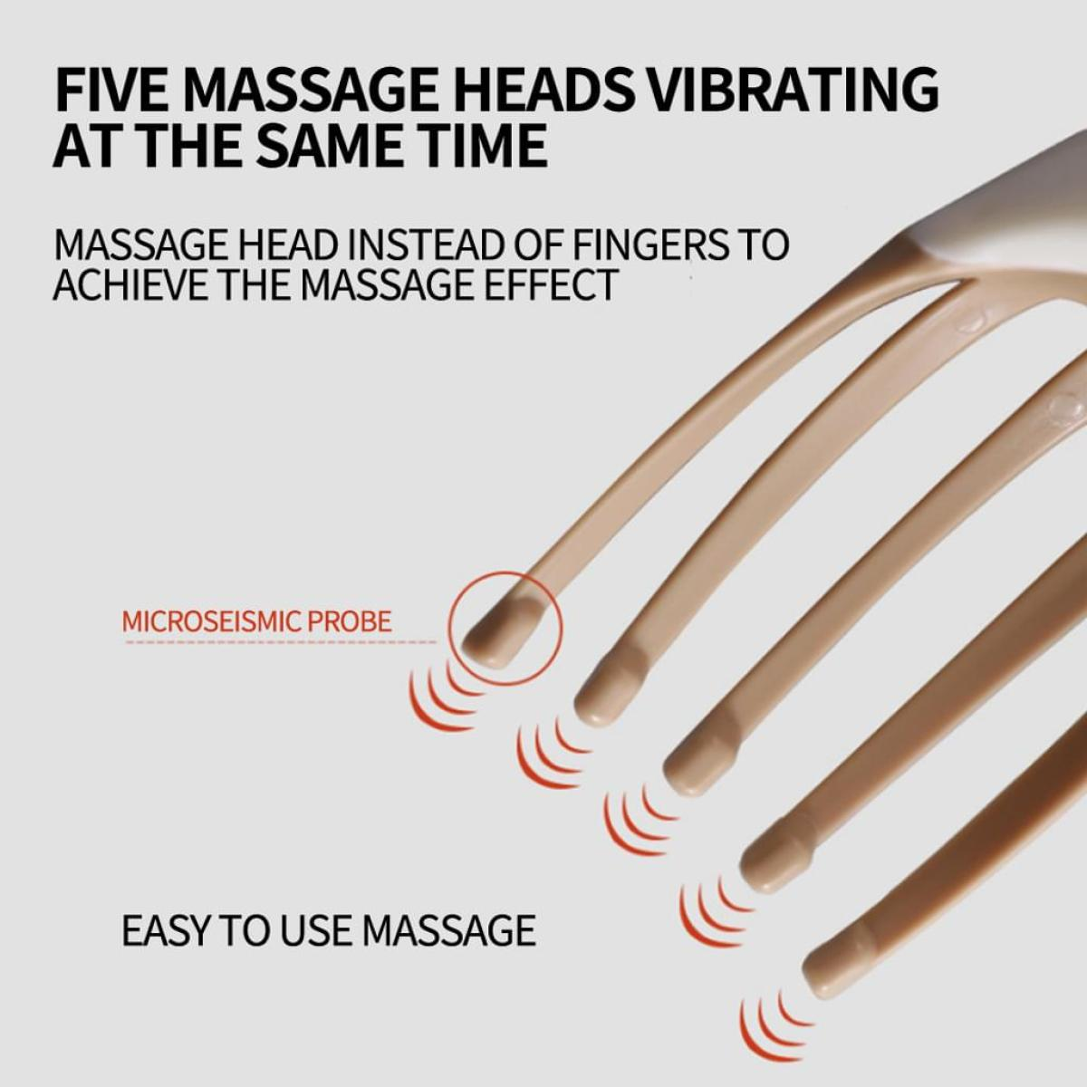 Nahaufnahme von Massageköpfen mit Text. Es heißt, fünf Massageköpfe vibrieren gleichzeitig.