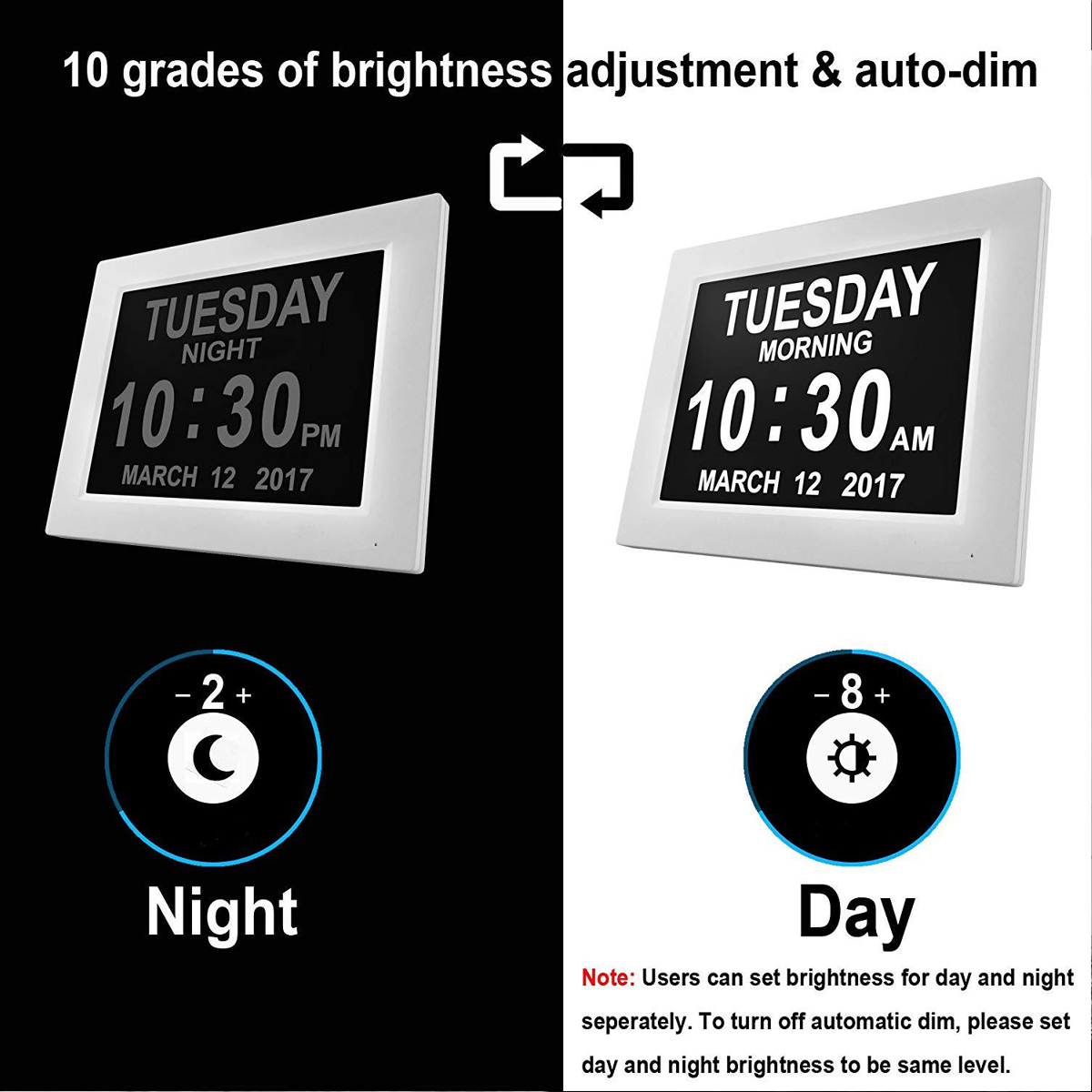 Eine Digitaluhr, die Zeit und Datum anzeigt, mit Helligkeitseinstellungen für Nacht und Tag.
