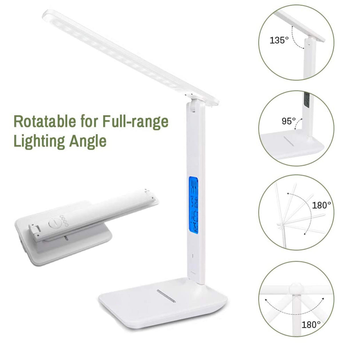 Weiße Schreibtischlampe mit einstellbaren Winkeln und Digitalanzeige, weißer Hintergrund.