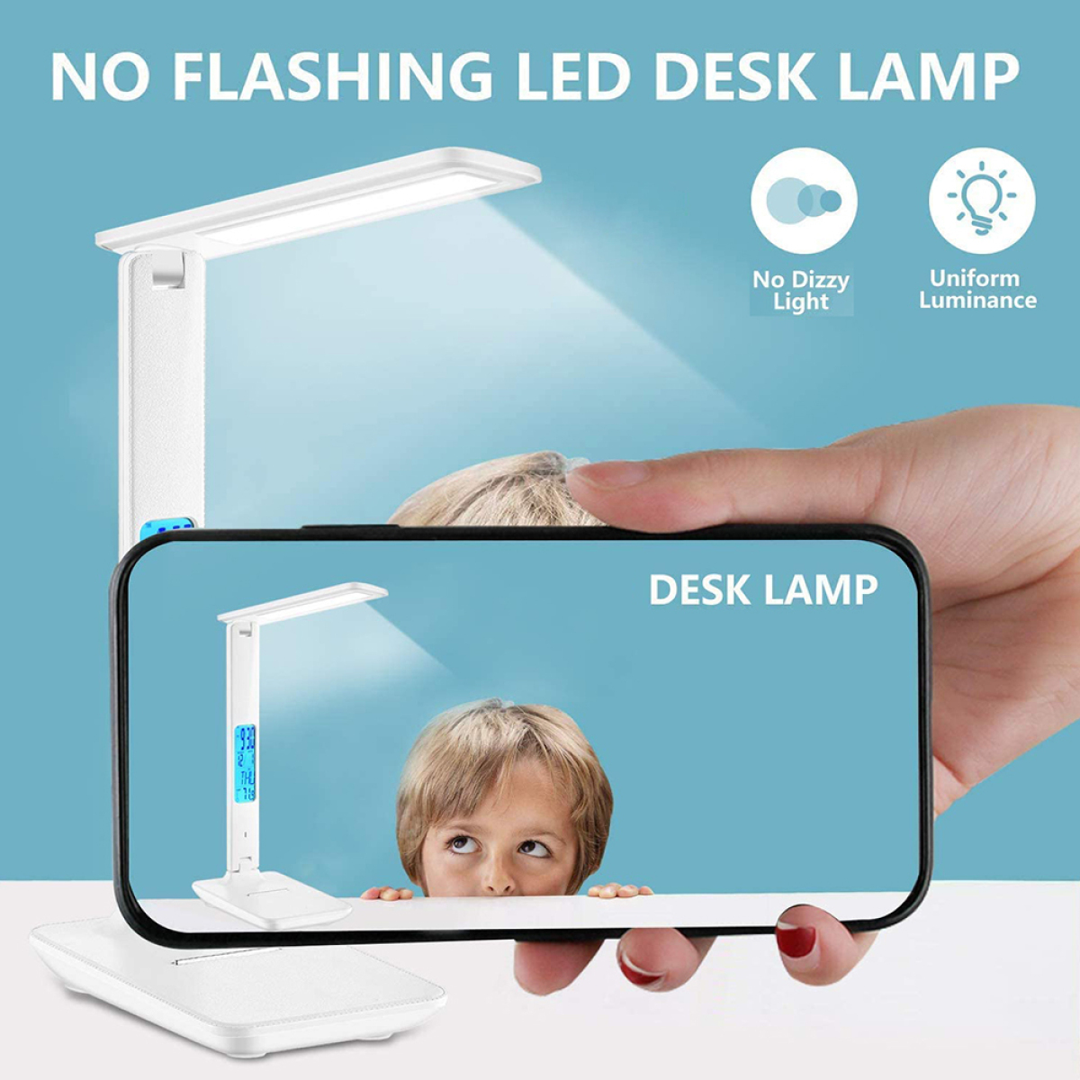 Ein Junge betrachtet eine Schreibtischlampe, die sich auf einem Telefon spiegelt. Text: 'NO FLASING LED DESK LAMP'.
