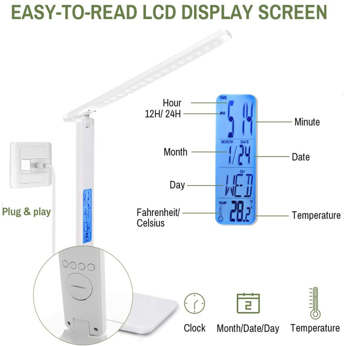 Schreibtischlampe mit gut lesbarem LCD-Display, zeigt Uhrzeit, Datum, Temperatur und andere Einstellungen.