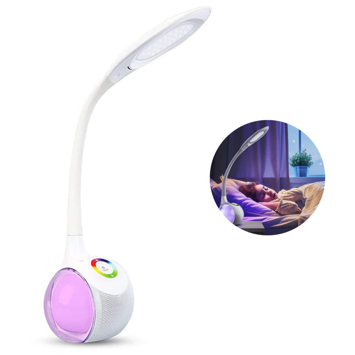 Weiße Schreibtischlampe mit farbigem Sockel, eine Person schläft neben einer Lampe im Einsatz.