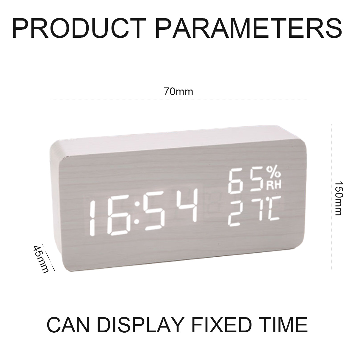 Weiße Digitaluhr mit Zeit- und Temperaturanzeige. Abmessungen 70 mm x 150 mm x 45 mm. Liest: KANN FESTE ZEIT ANZEIGEN.