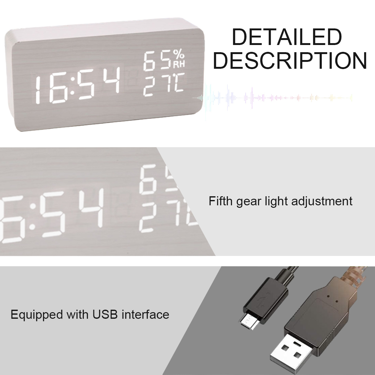 Eine Digitaluhr zeigt Zeit und Temperatur mit USB-Schnittstelle und Lichteinstellungen.