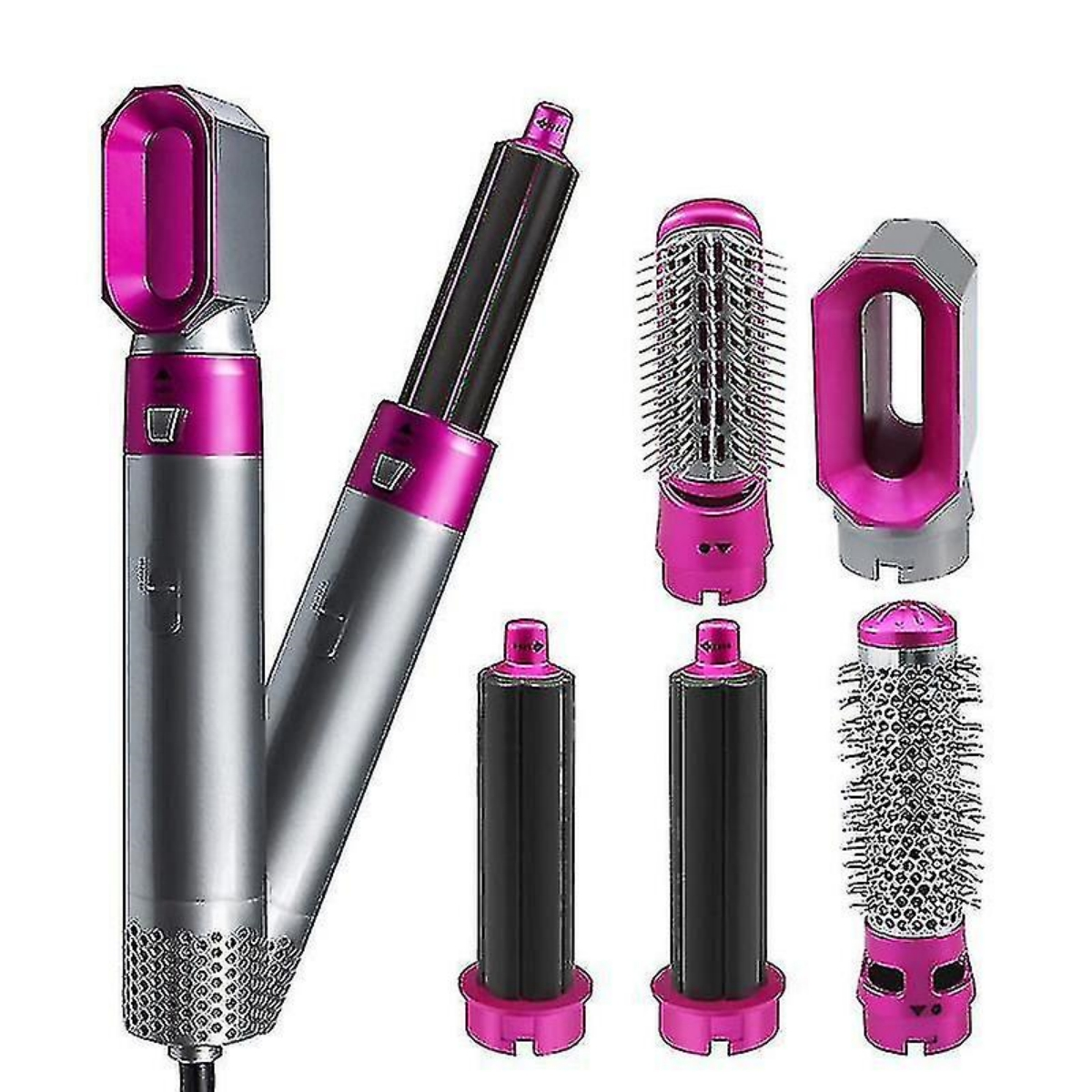 Ein silbernes und pinkes Haarstyling-Werkzeug mit verschiedenen Aufsätzen: Bürsten, Lockenstab und Föhndüse.