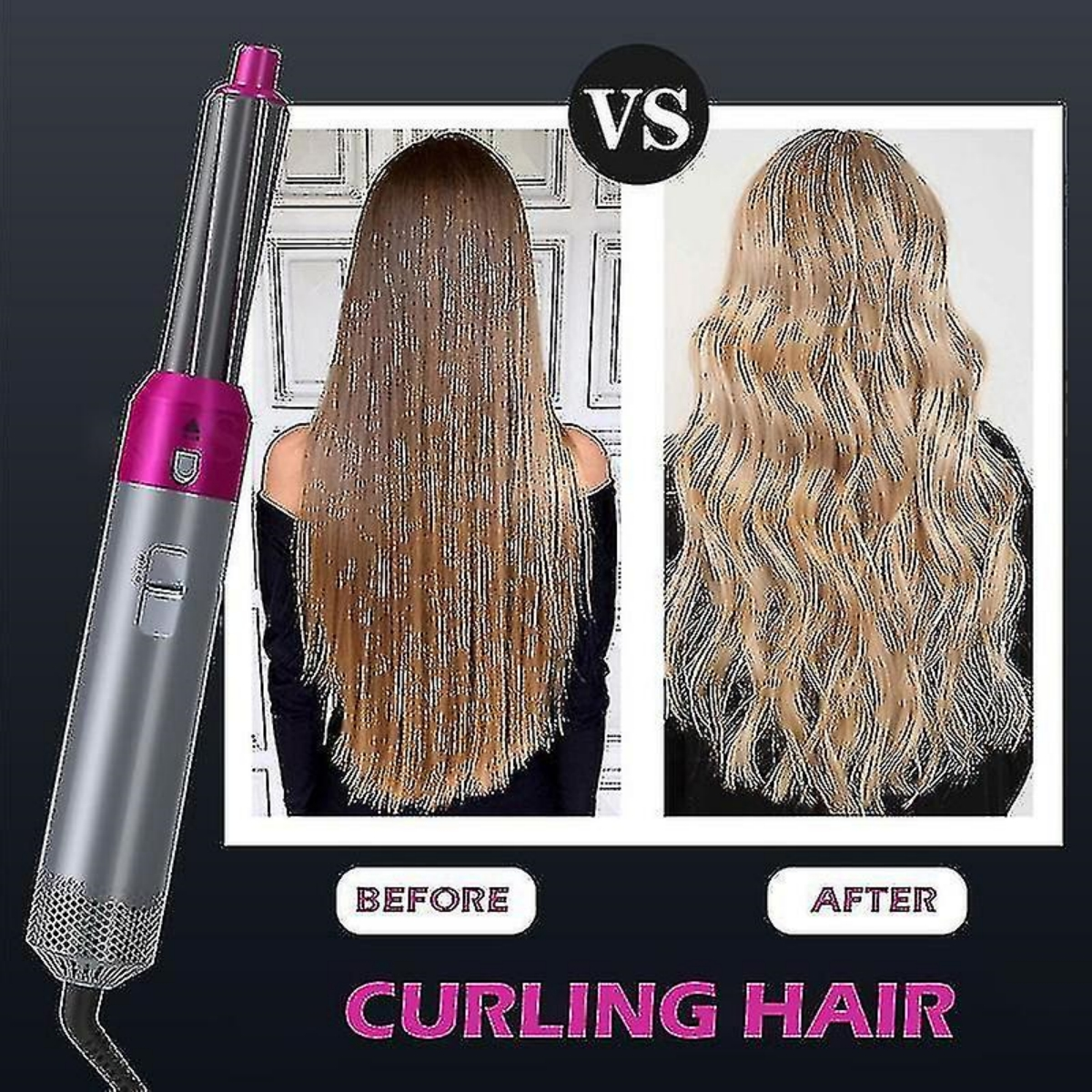 Haarstyling-Werkzeug mit geraden und gelockten Haarbeispielen. Text: Vorher, Nachher, Locken.