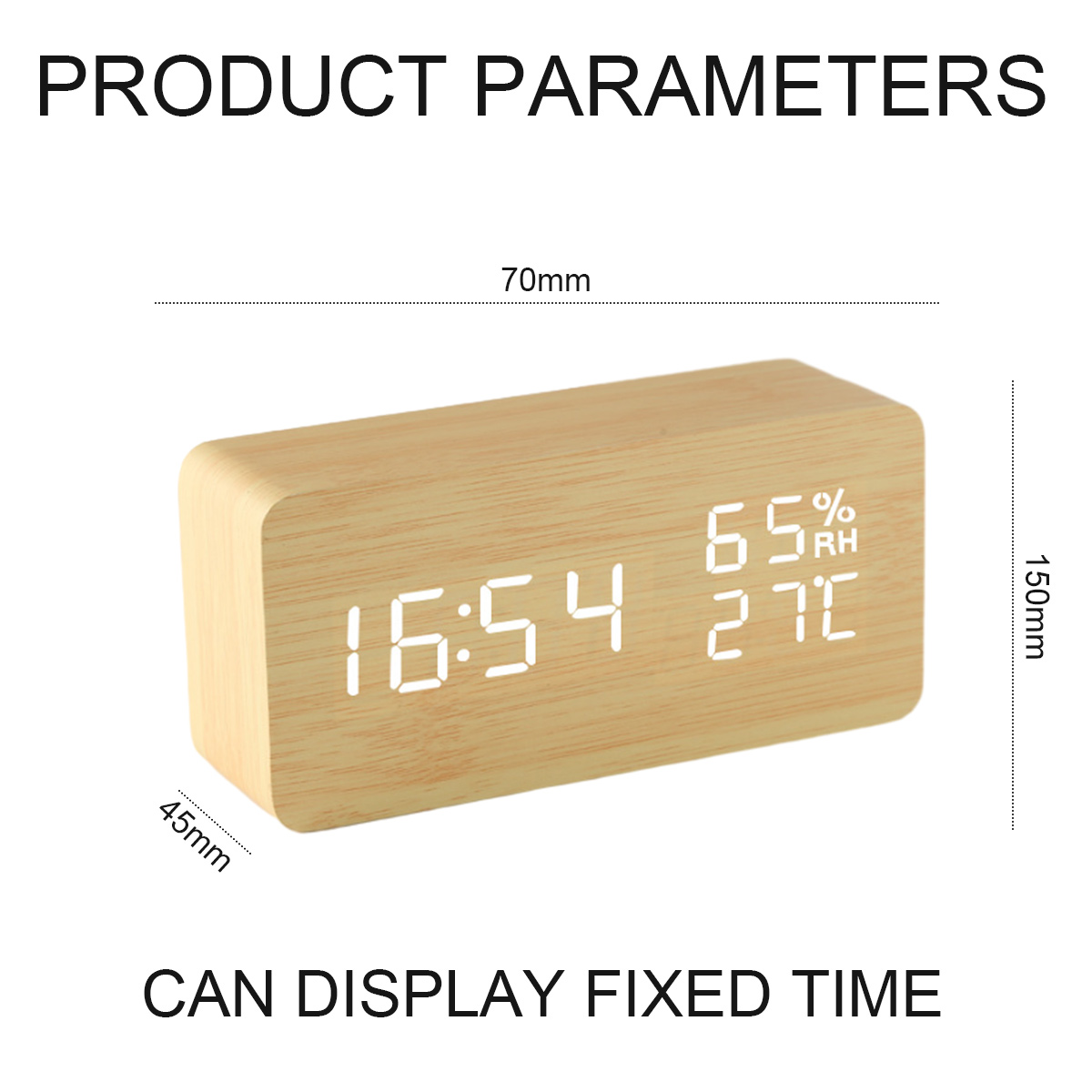 Hölzerne Digitaluhr mit Abmessungen. 70mm x 45mm x 150mm. Zeigt Zeit, Luftfeuchtigkeit und Temperatur an.