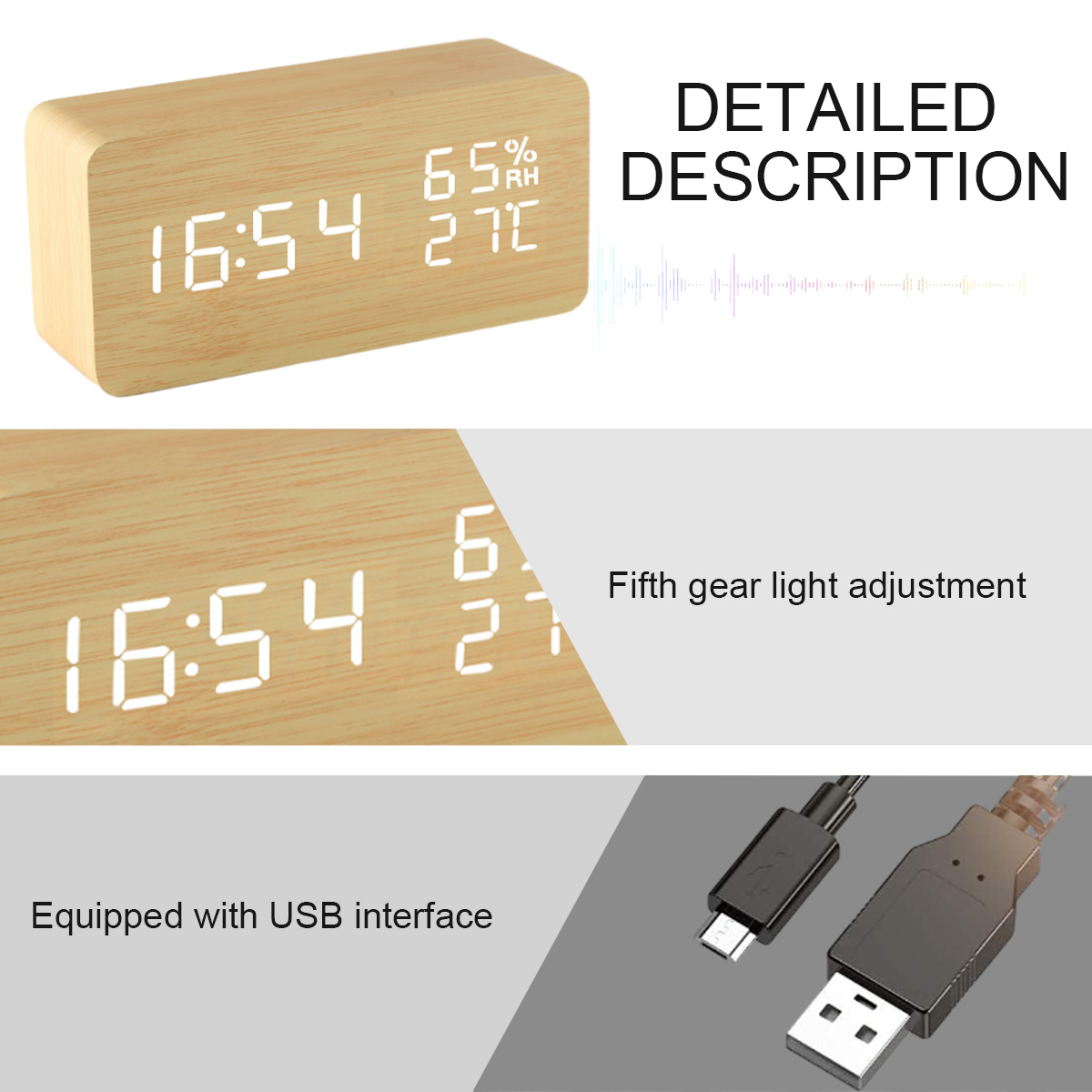 Digitaluhr aus Holz mit Zeit, Temperatur und Luftfeuchtigkeit. USB-Kabel daneben.