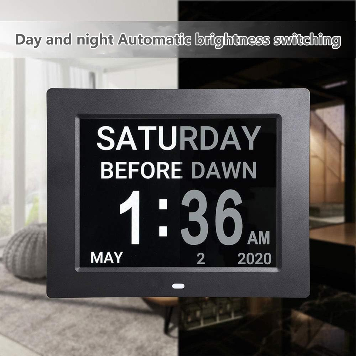 Digitaluhr mit Samstag, 2. Mai 2020, 1:36 Uhr, mit schwarz-weißem Hintergrund.