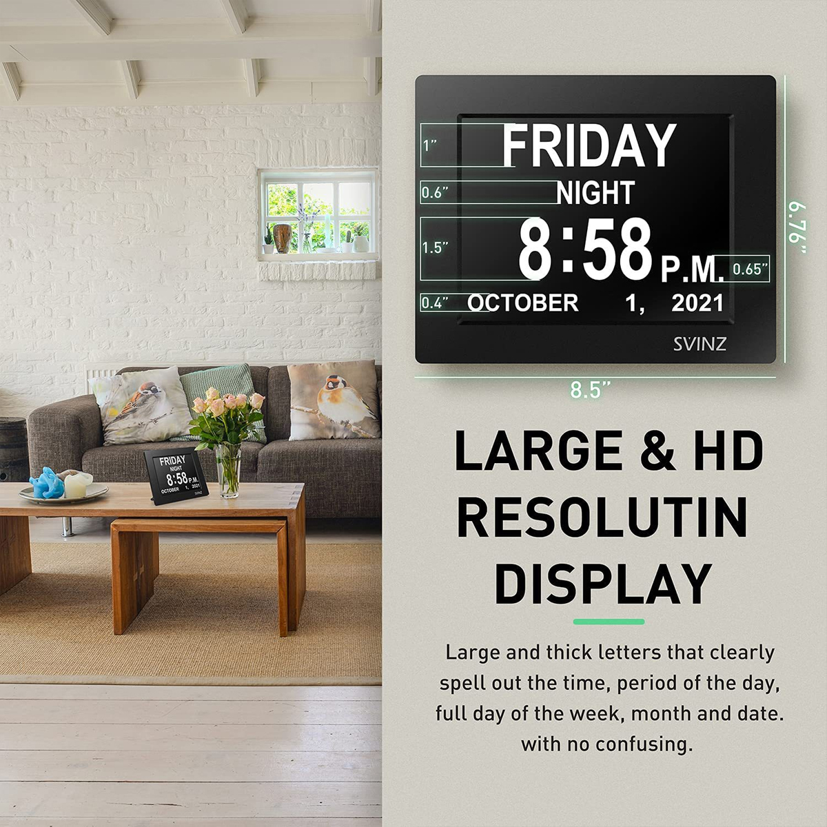 Digitaluhr an der Wand, zeigt Zeit und Datum in großen Schriftarten an. Text: 'Große & HD-Auflösung'.
