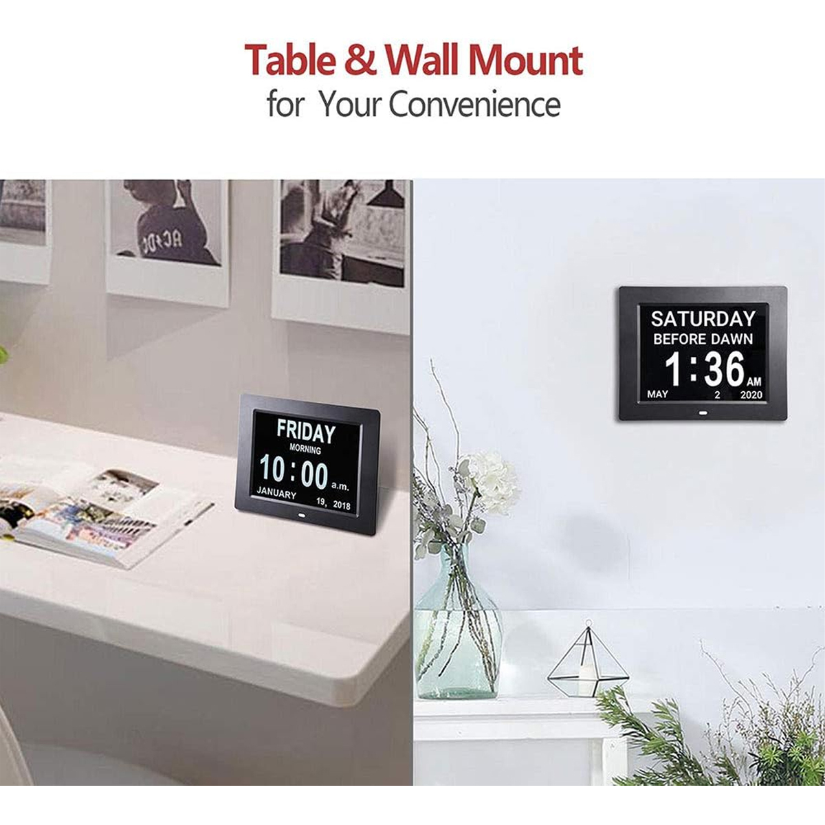 Digitaluhr auf einem Schreibtisch und an einer Wand. Datums- und Zeitanzeige. Blumen und ein kleines Boot im Hintergrund.