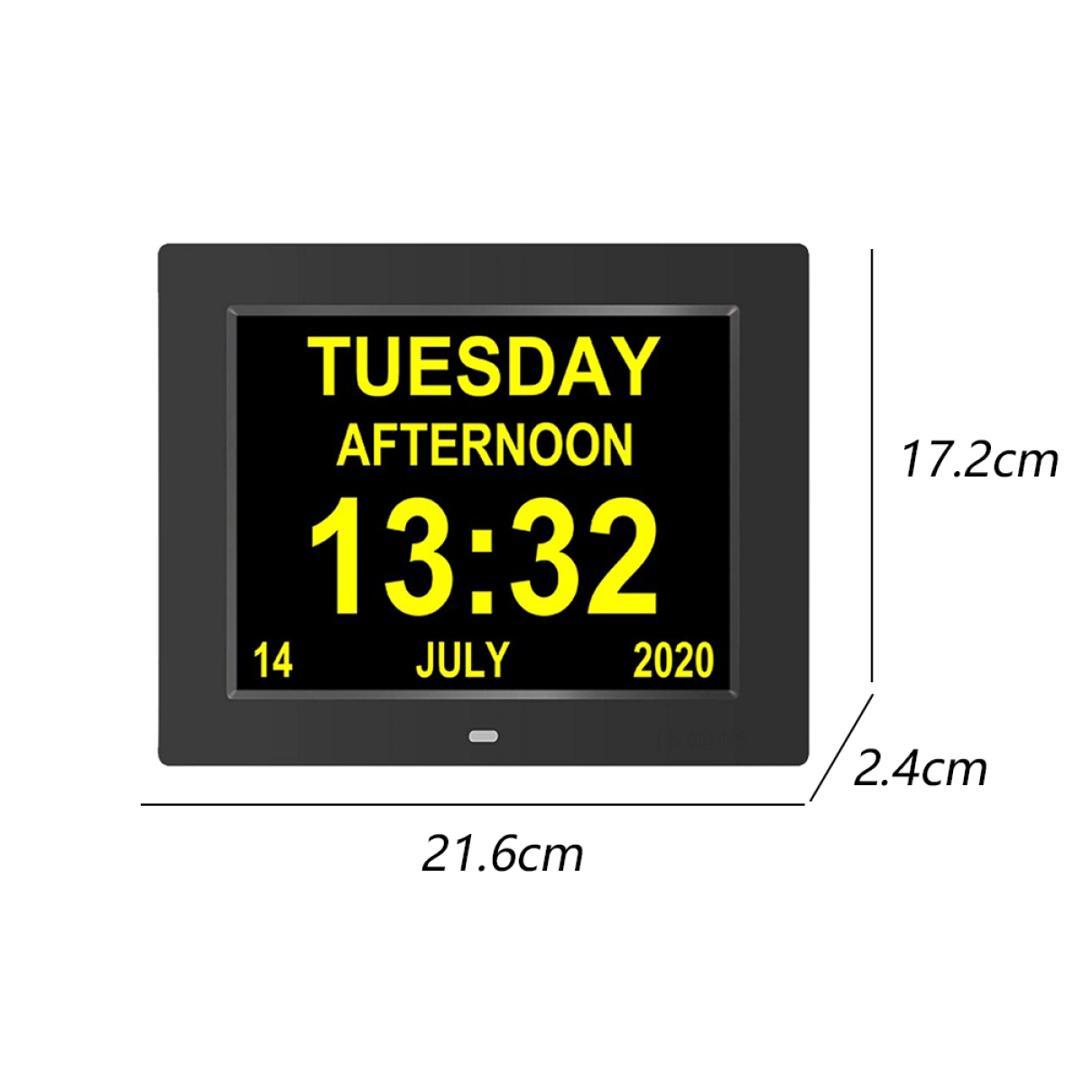 Schwarze Digitaluhr, die 'Dienstag Nachmittag 13:32, 14. Juli 2020' anzeigt. Maße sind angegeben.