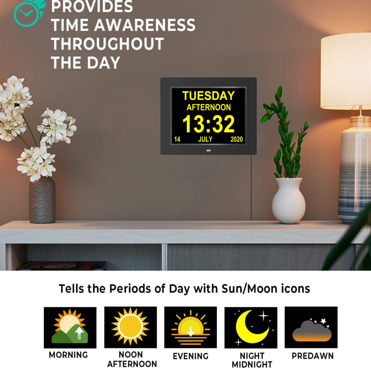 Eine Digitaluhr mit Zeit- und Datumsanzeige, mit Illustrationen von Tageszeiten und dekorativem Hintergrund.
