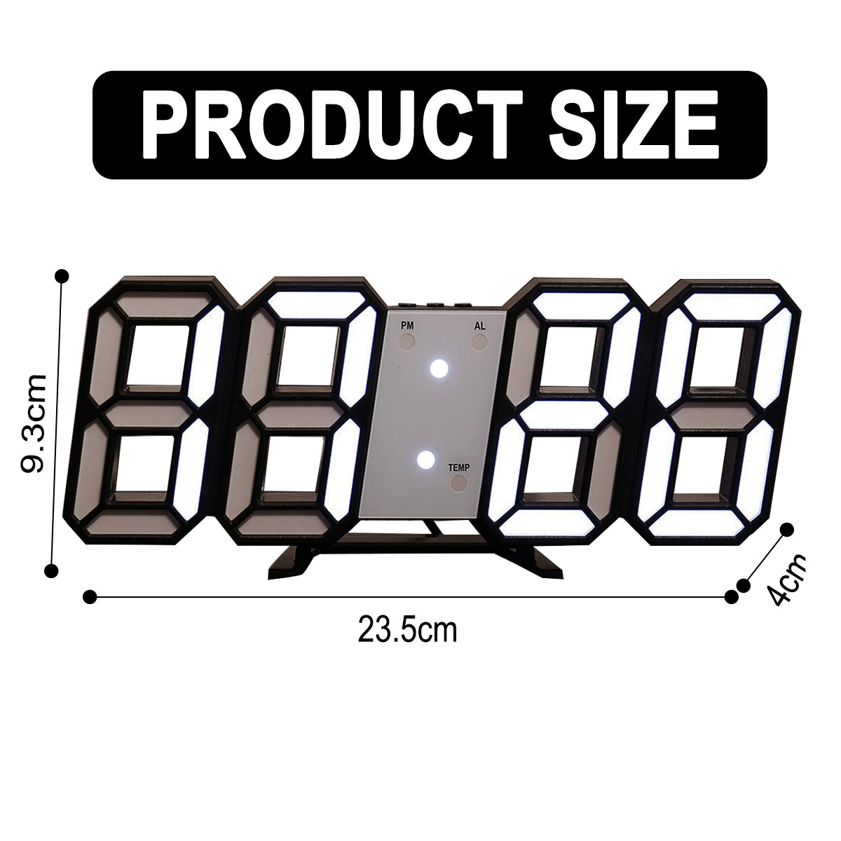 Schwarze Digitaluhr mit großen LED-Ziffern. Misst 23,5 cm breit, 9,3 cm hoch und 4 cm tief.