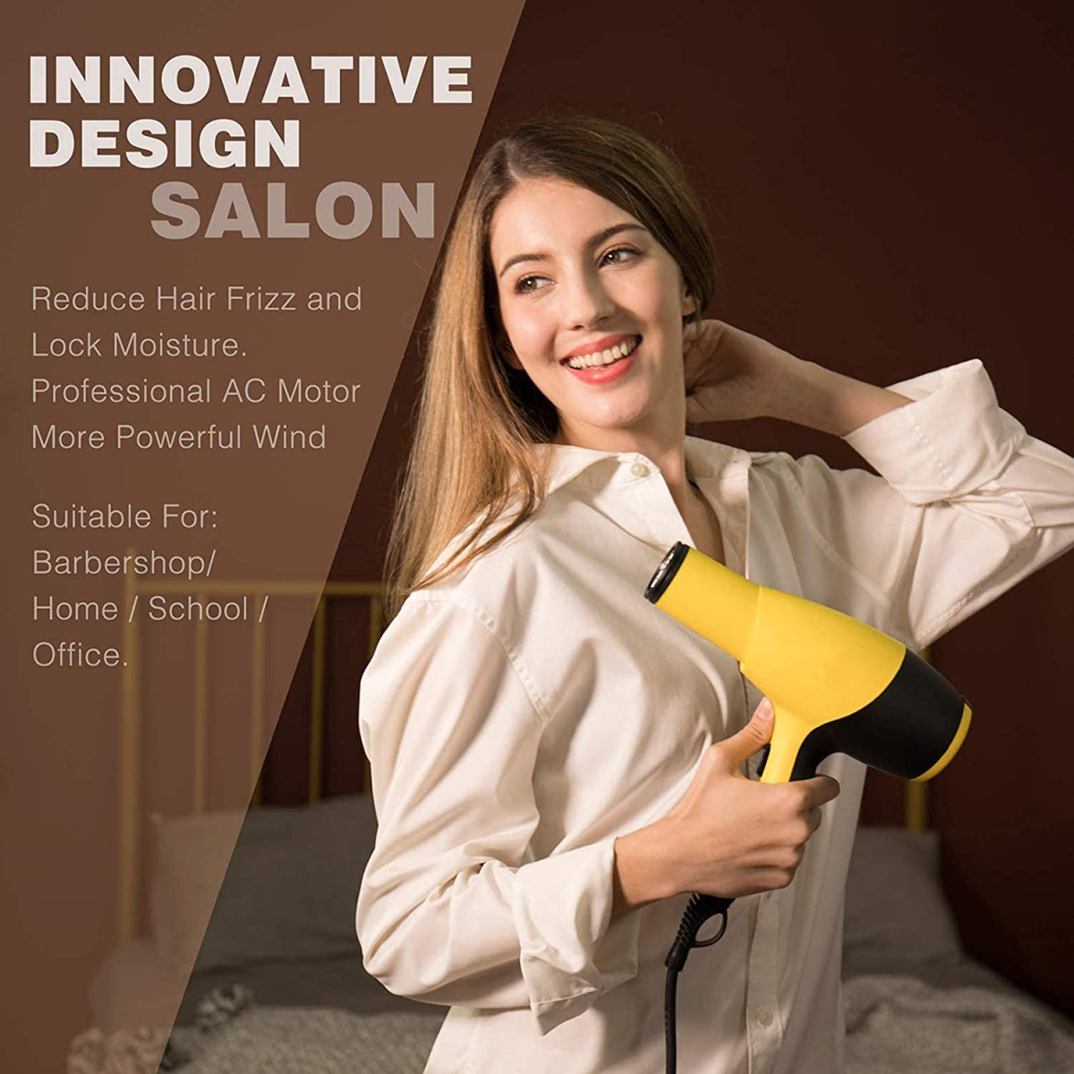 Eine Frau mit gelbem Haartrockner. Der Text lautet innovatives Design Salon. Reduzieren Sie Frizz und speichern Sie Feuchtigkeit.