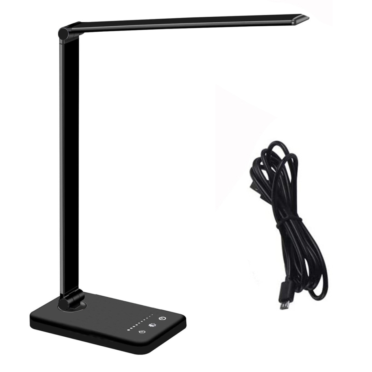 Schwarze Schreibtischlampe mit verstellbarem Arm, Sockel und USB-Kabel. Weißer Hintergrund.