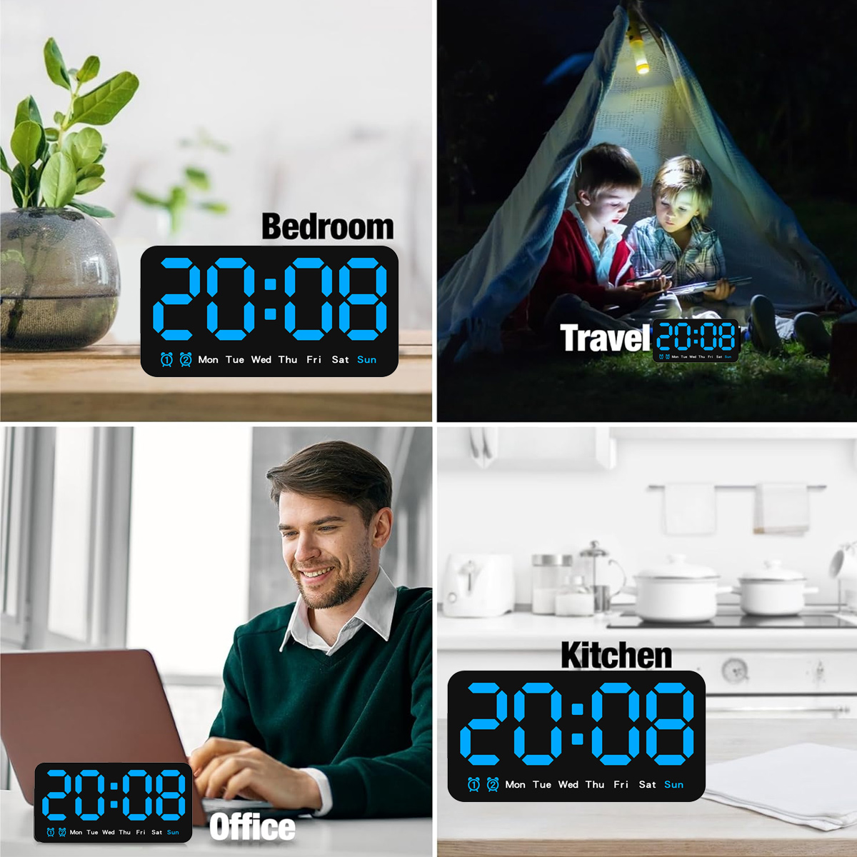 Digitaluhren, die die Zeit in verschiedenen Umgebungen anzeigen: Schlafzimmer, Reise, Büro und Küche.