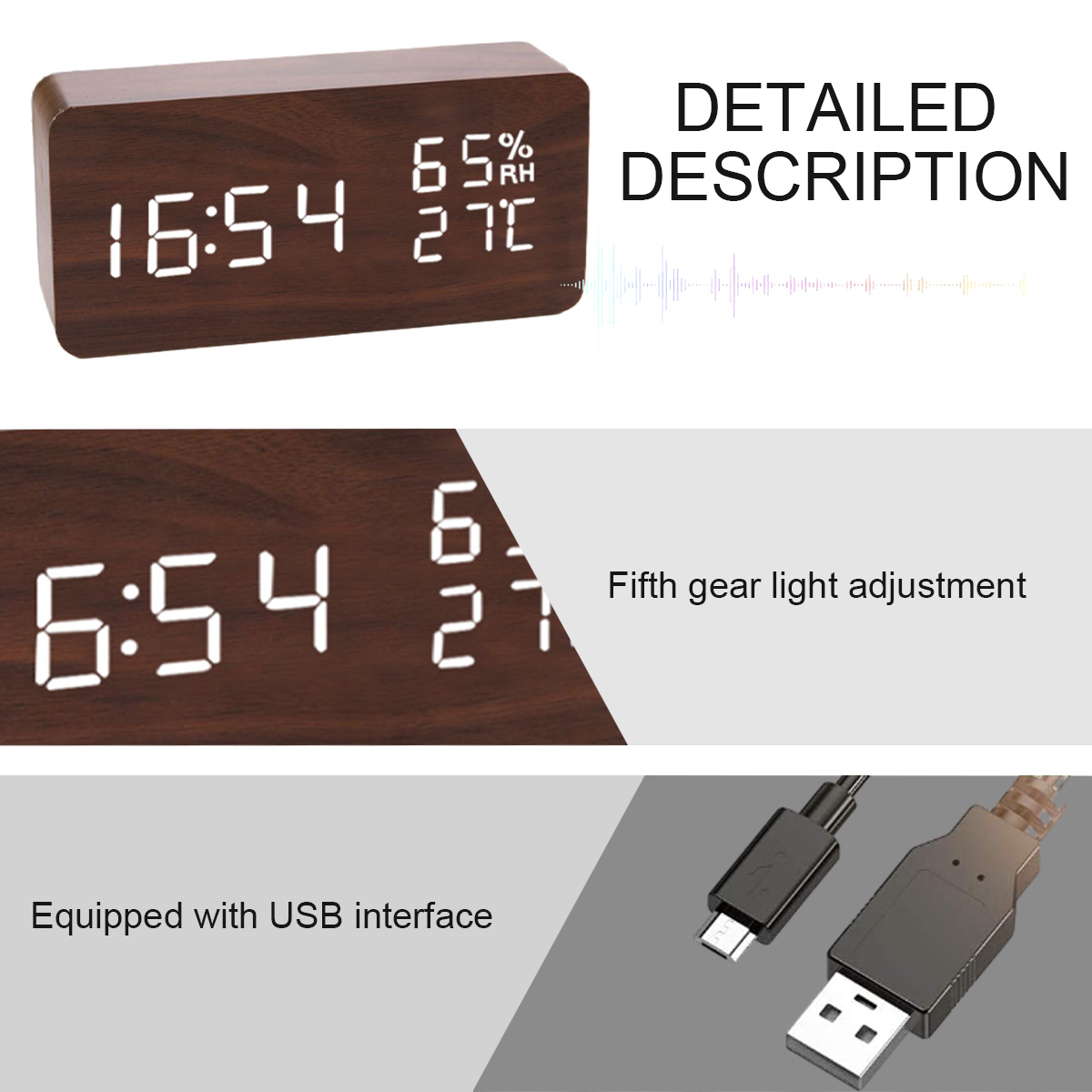 Digitaluhr aus Holz, die Zeit, Temperatur und Luftfeuchtigkeit anzeigt, mit USB-Kabeldetails.