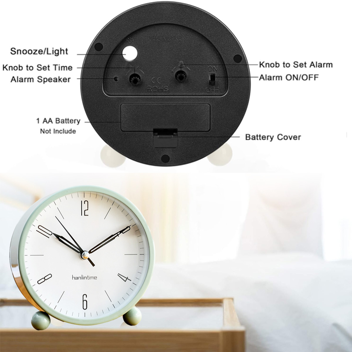 Die Rückseite eines mintgrünen Weckers mit Batterieabdeckung und Knöpfen.