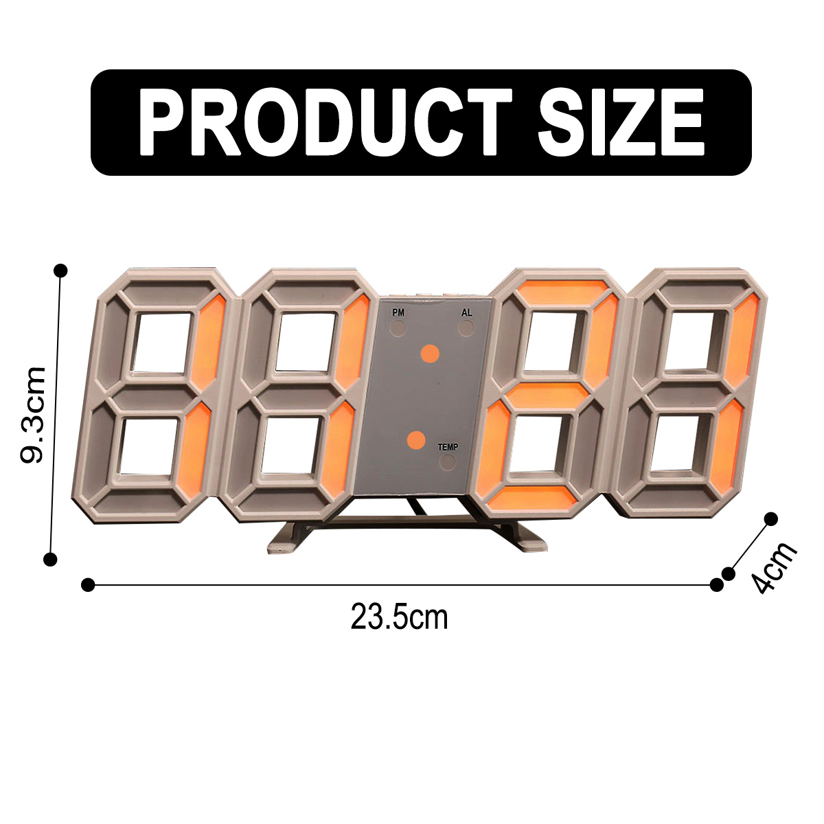 Digitaluhr, die Produktgröße zeigt, Abmessungen 9,3 cm, 23,5 cm, 4 cm.
