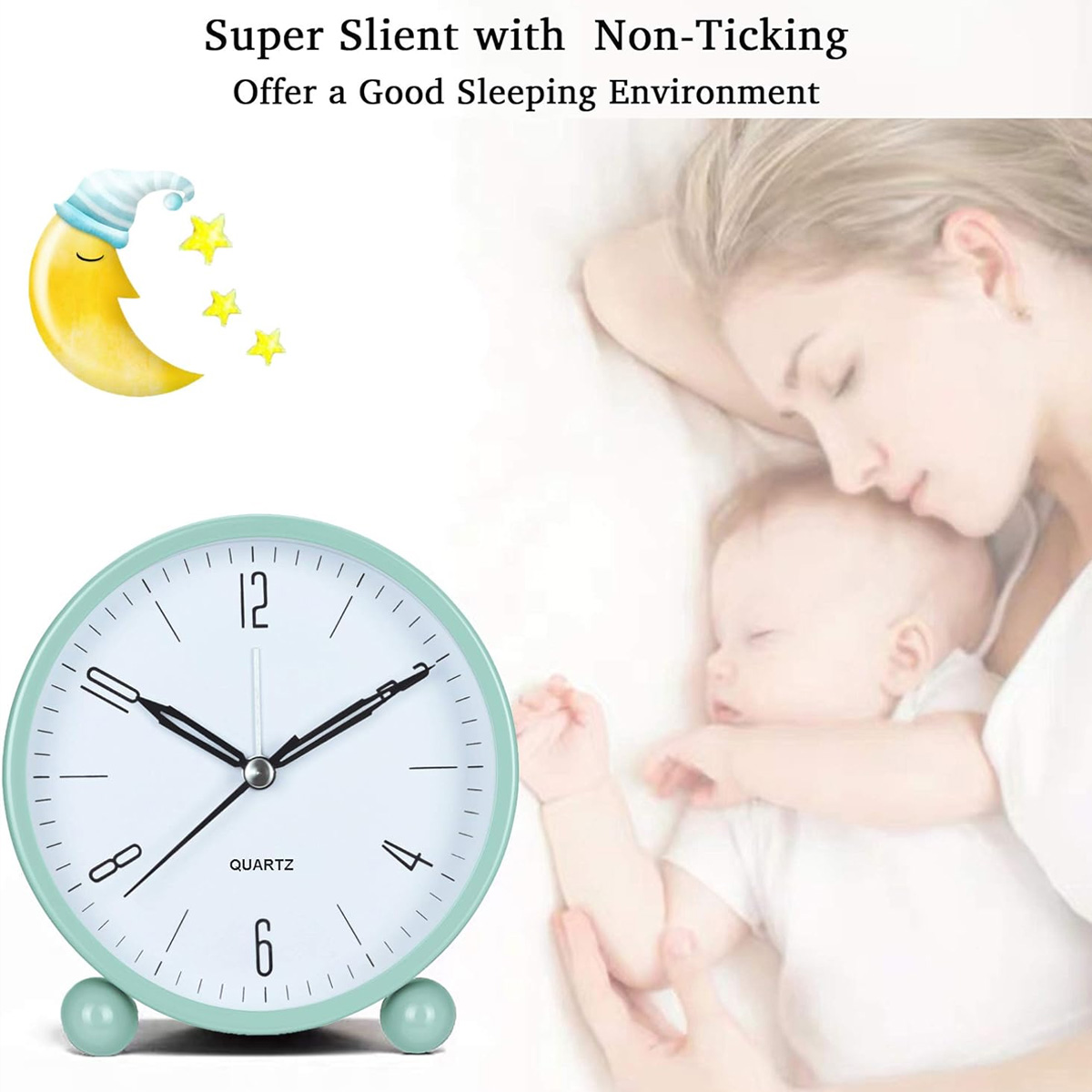 Uhr mit Baby und Frau. Mond und Sterne im Hintergrund.