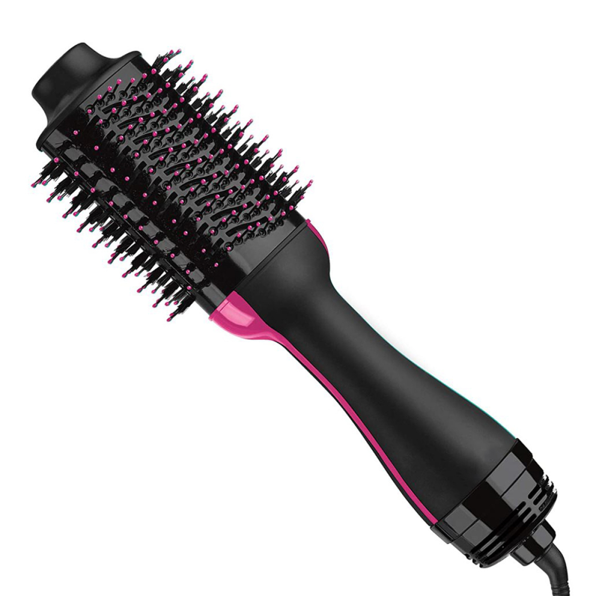 Eine schwarz-rosa Heißluftbürste mit mehreren Bürstenköpfen, isoliert auf weißem Hintergrund.