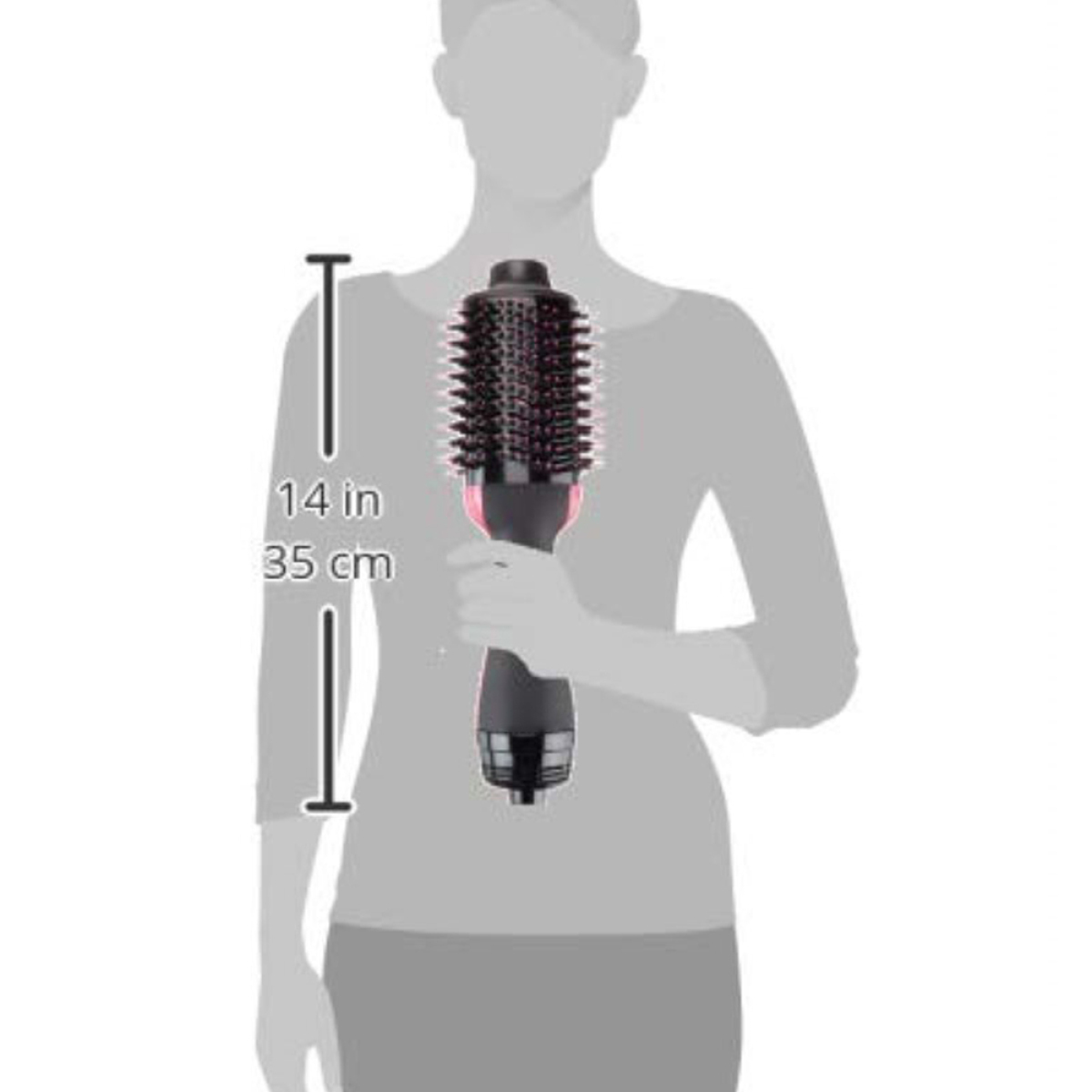Eine Person hält ein schwarz-rosa Haarstyling-Tool mit einem Lineal, das 14 Zoll/35 cm anzeigt.