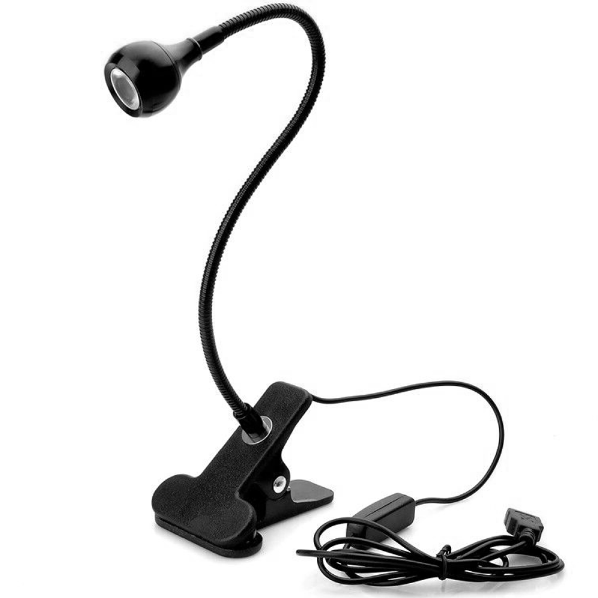 Schwarze Schwanenhals-Clip-Lampe mit kleinem Lampenkopf. Weißer Hintergrund.