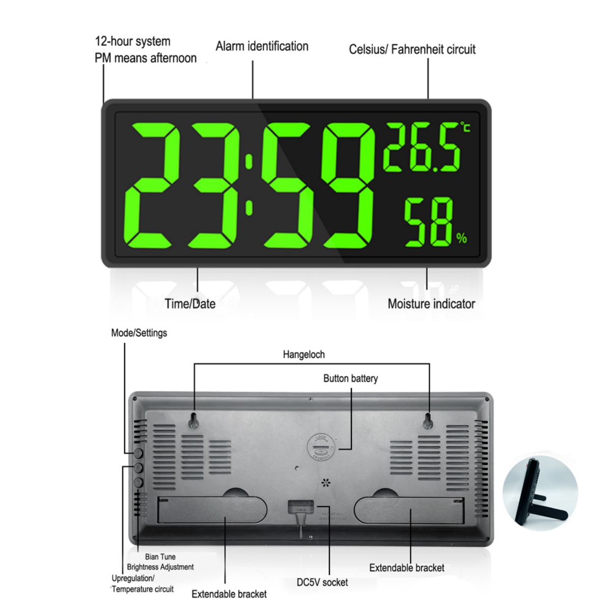 Digitaluhr mit Zeit, Datum, Temperatur und Luftfeuchtigkeit mit detaillierten Bezeichnungen.