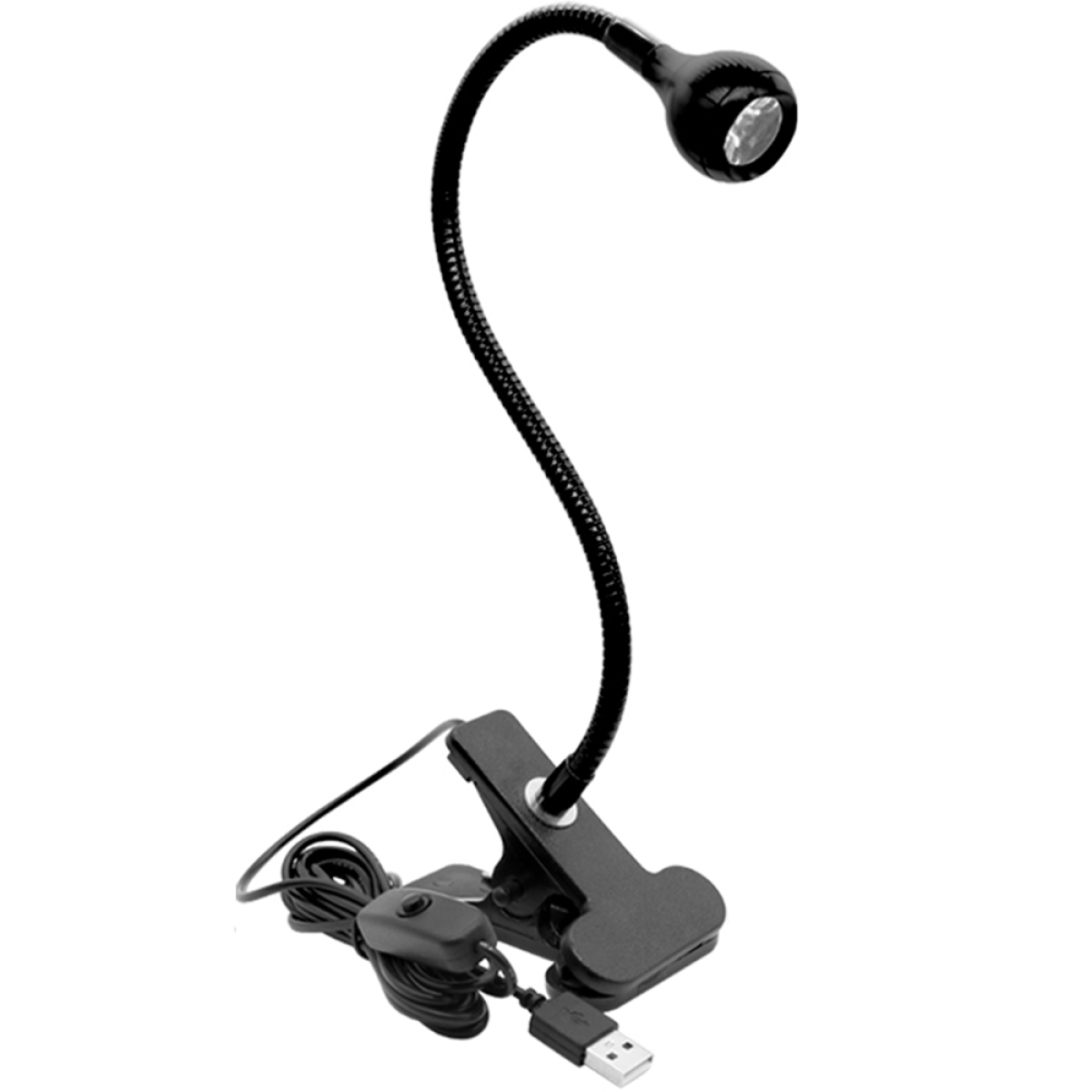 Eine schwarze LED-Leselampe, flexibler Hals, Clip und USB-Anschluss, isoliert auf Weiß.