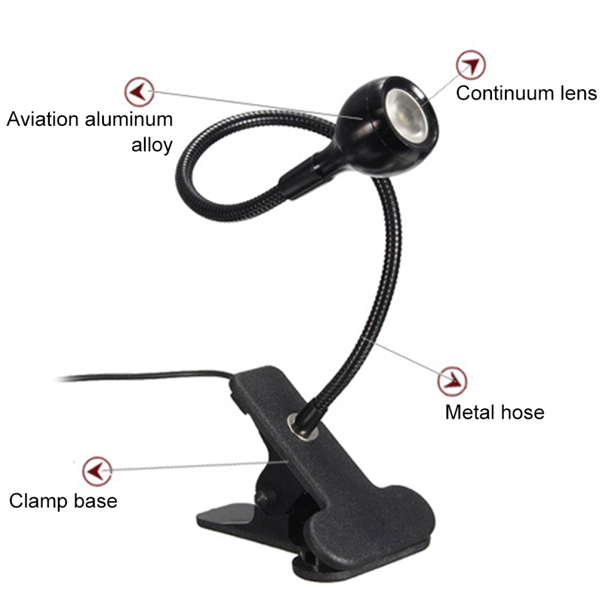 Schwarze LED-Clip-Lampe. Merkmale: flexibler Metallschlauch, Klemmfuß und Luftfahrt-Aluminiumlegierung.
