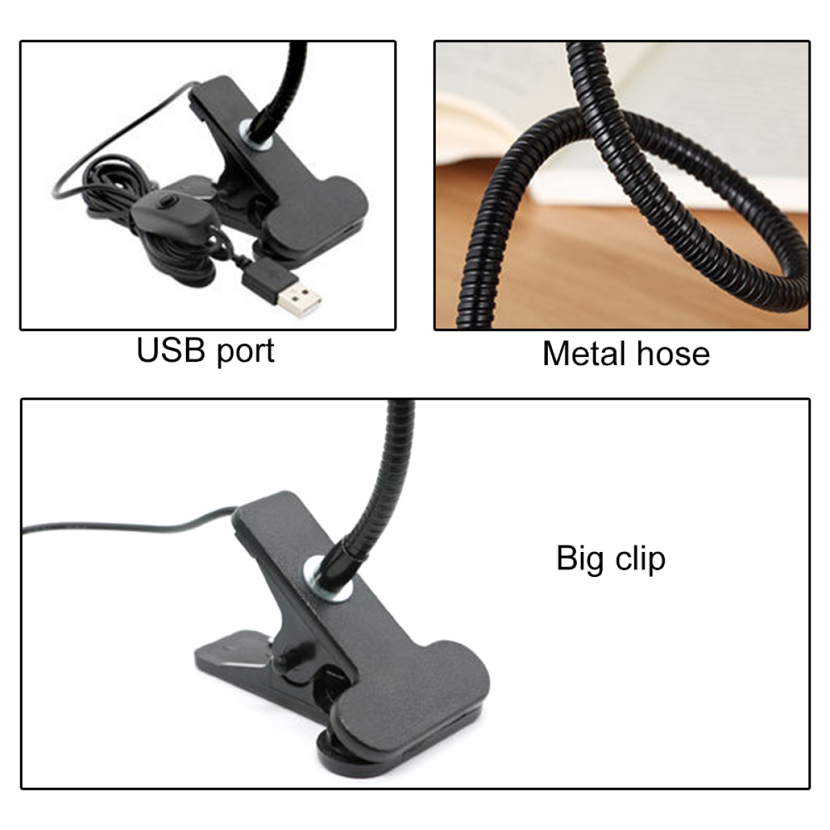 Drei Bilder: USB-Anschluss, Metallschlauch und Clip-Detail einer Schreibtischlampe.